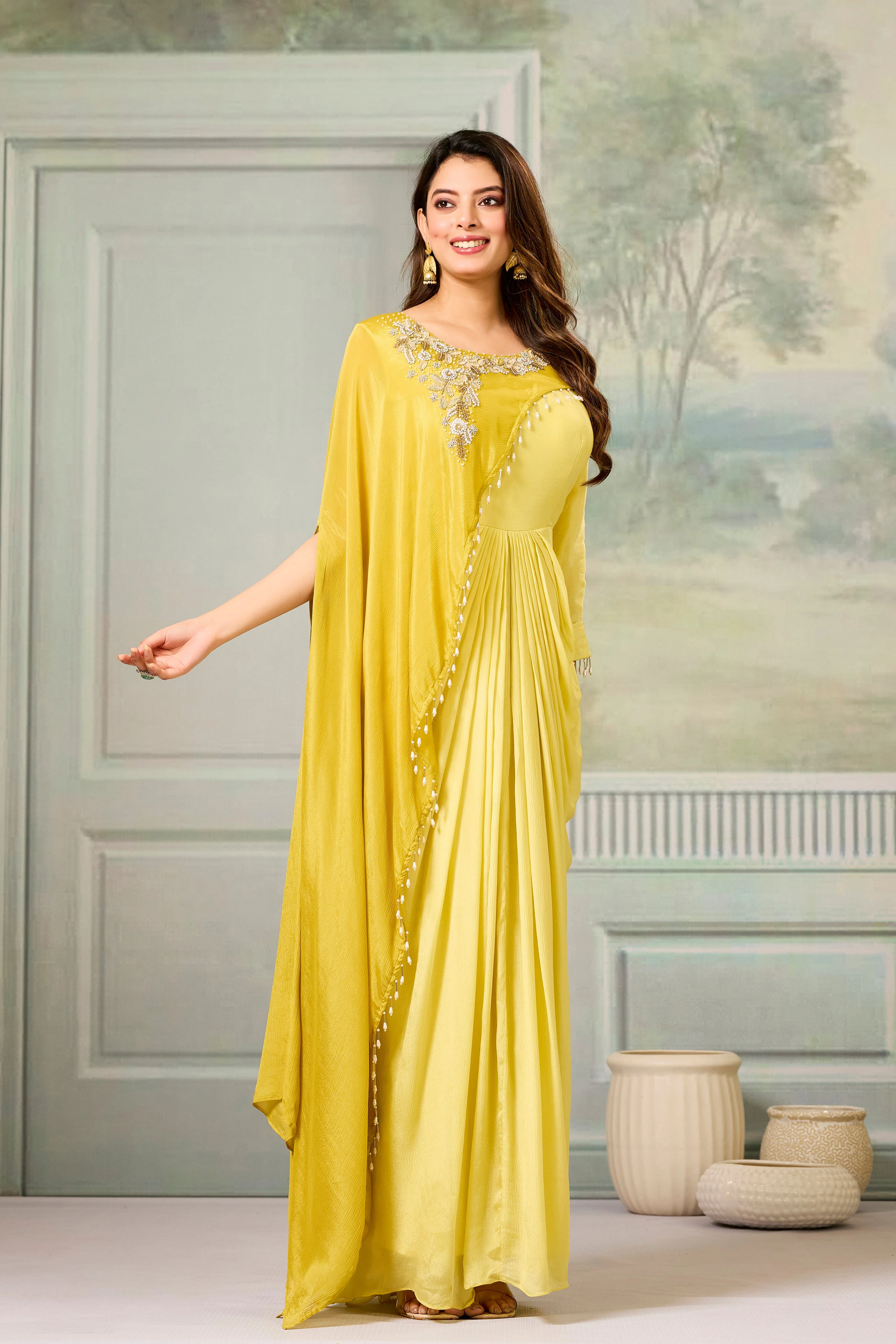 Dark-Light Yellow Embellished Chinon Silk Gown - Image 5