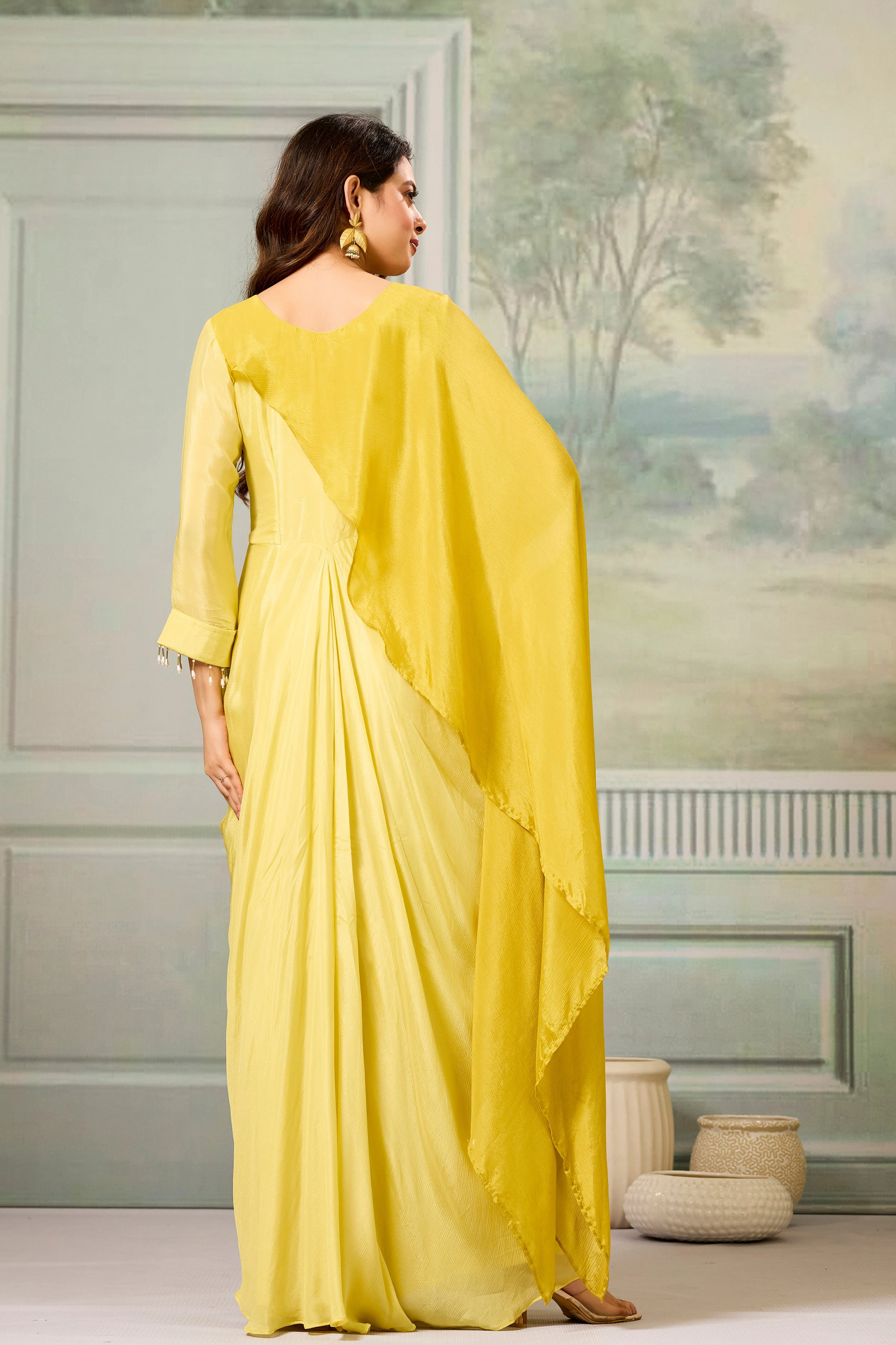 Dark-Light Yellow Embellished Chinon Silk Gown - Image 6