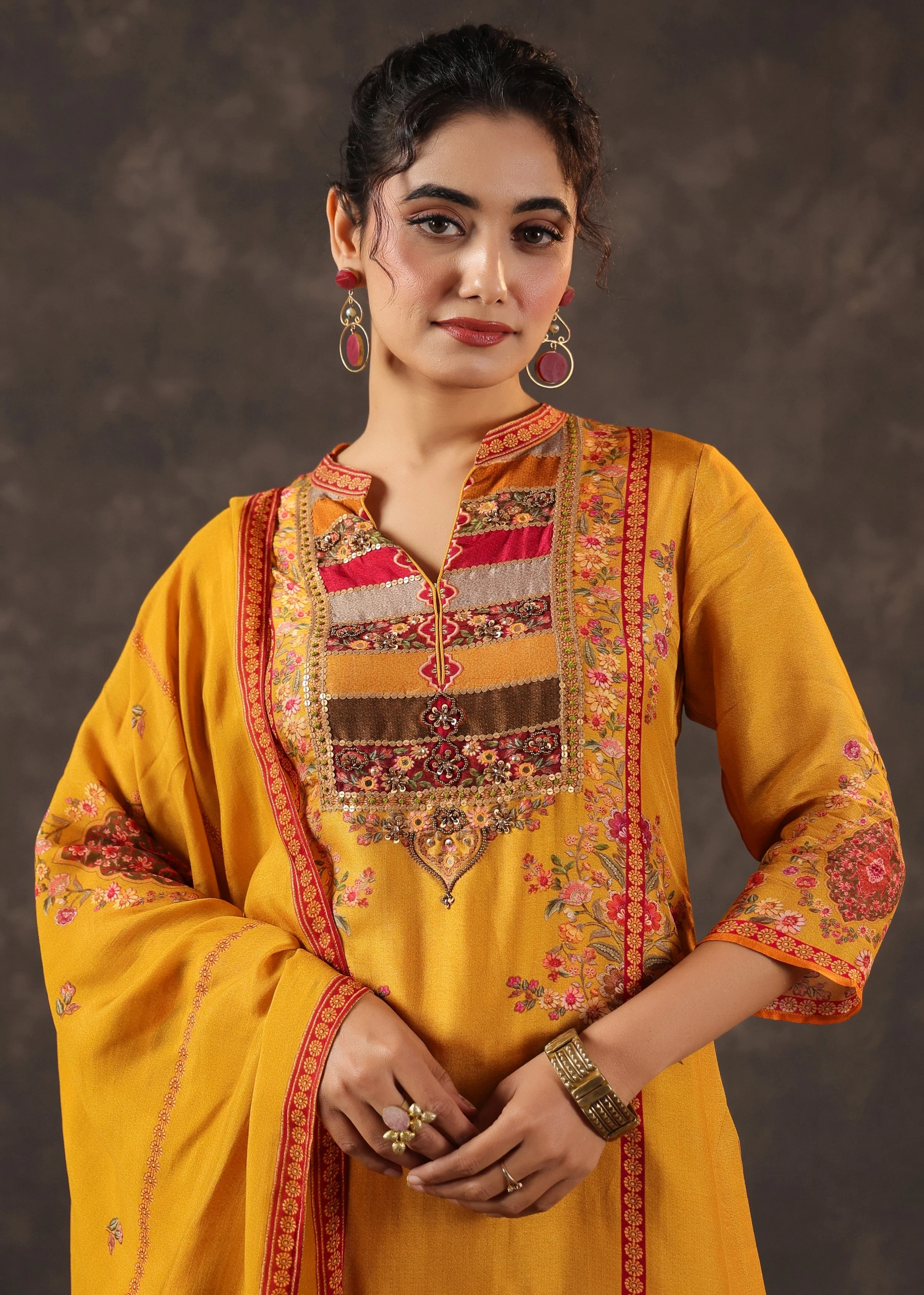 Dark Marigold Embellished Premium Silk Pant Set - Image 2