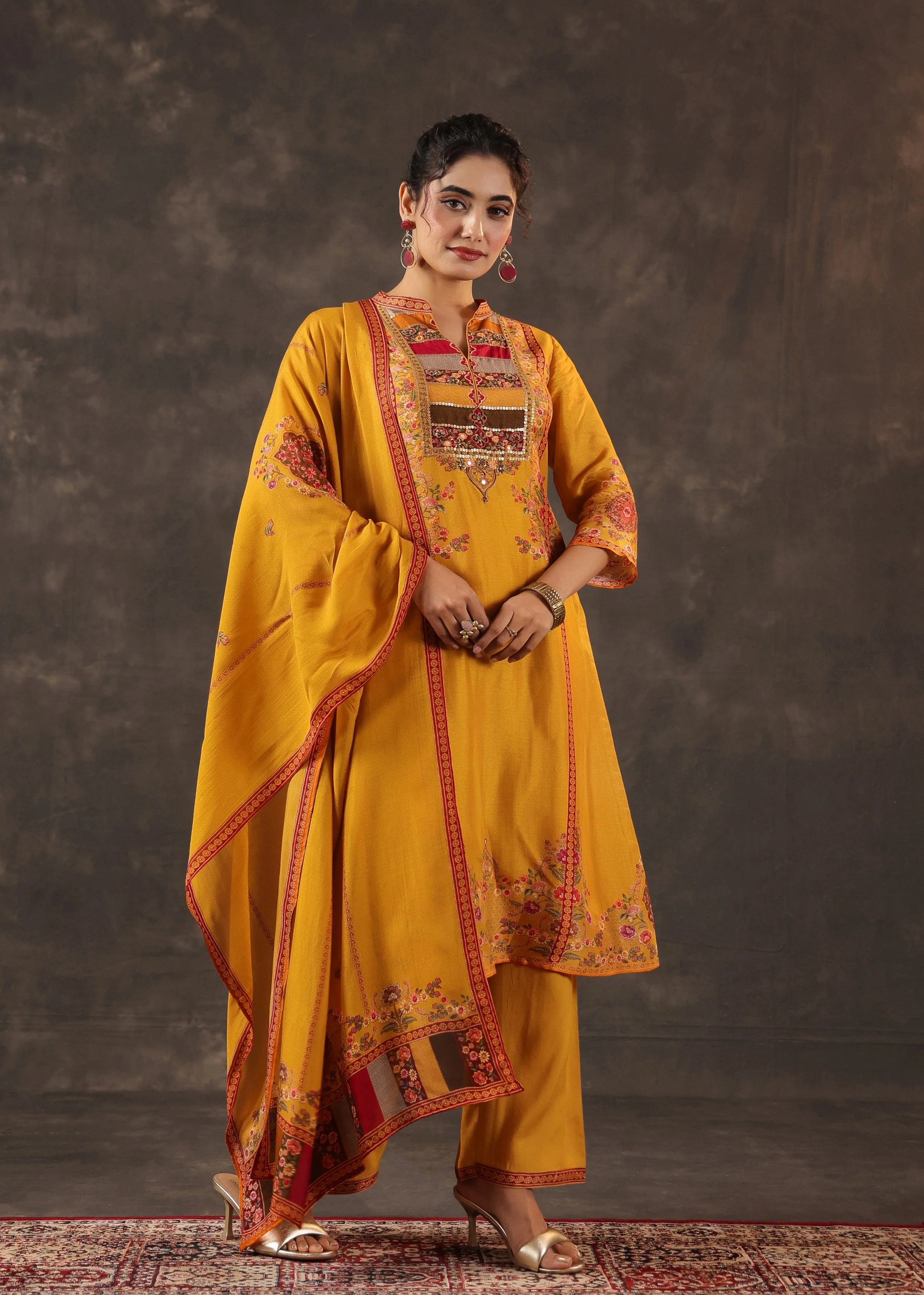 Dark Marigold Embellished Premium Silk Pant Set - Image 3