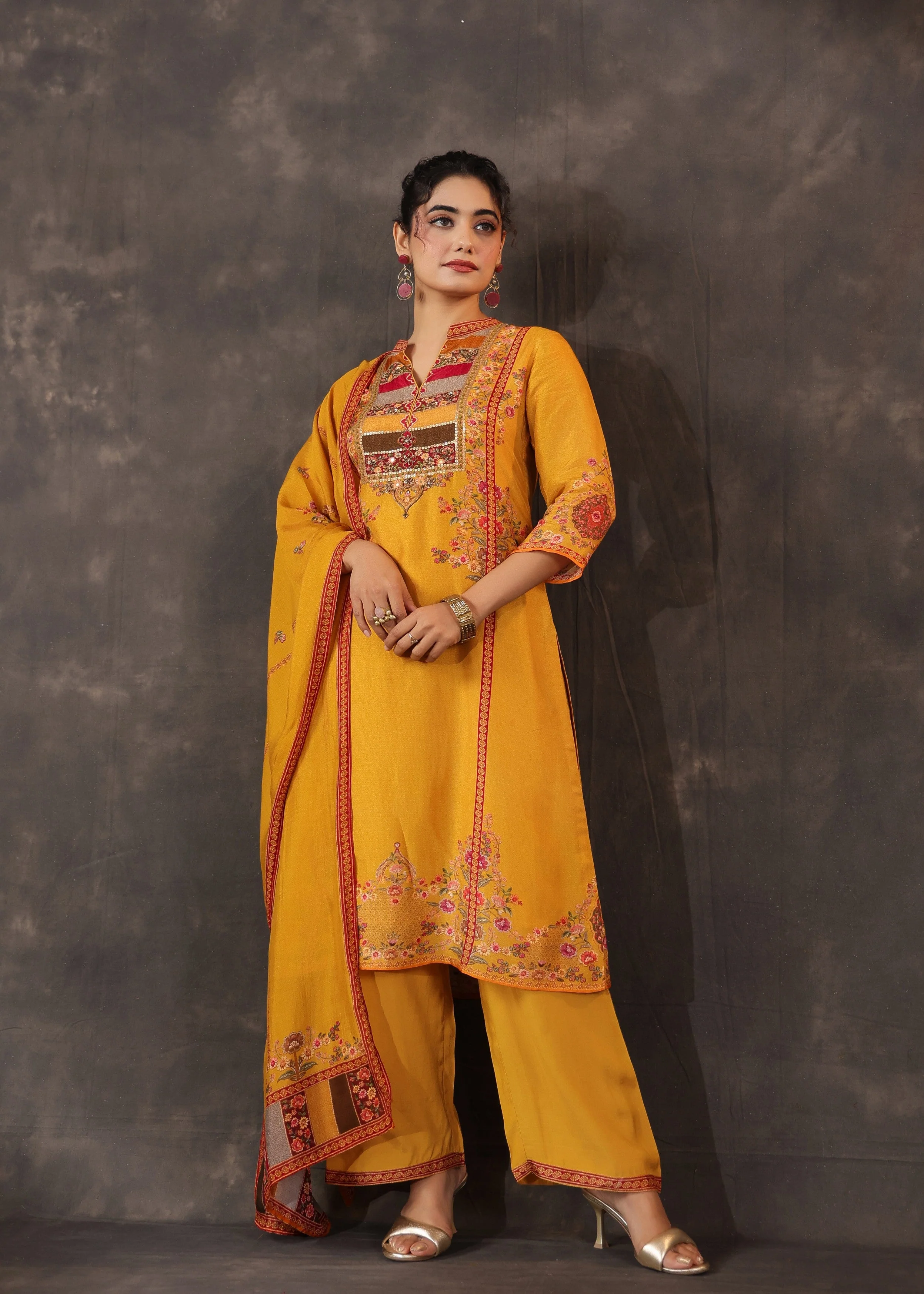 Dark Marigold Embellished Premium Silk Pant Set - Image 4