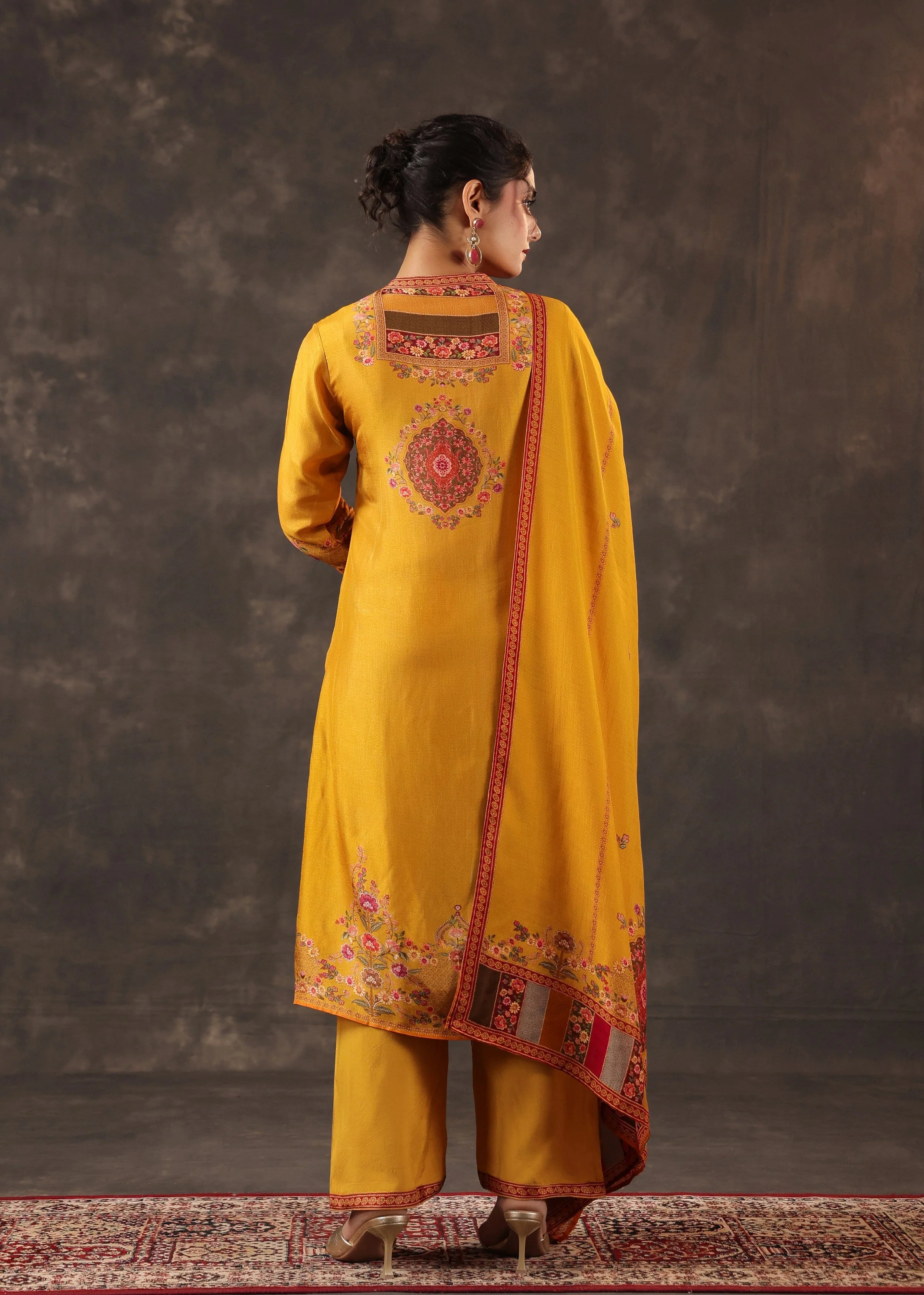 Dark Marigold Embellished Premium Silk Pant Set - Image 5