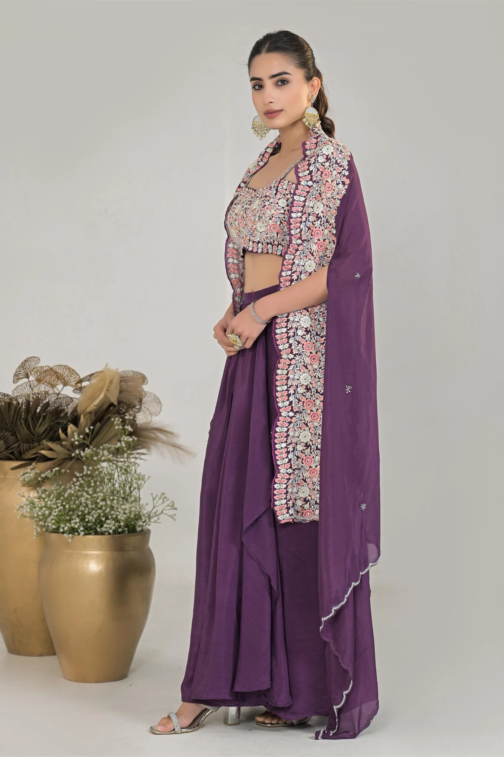 Dark Mauve Embroidered Chinon Silk Cape Set - Image 3