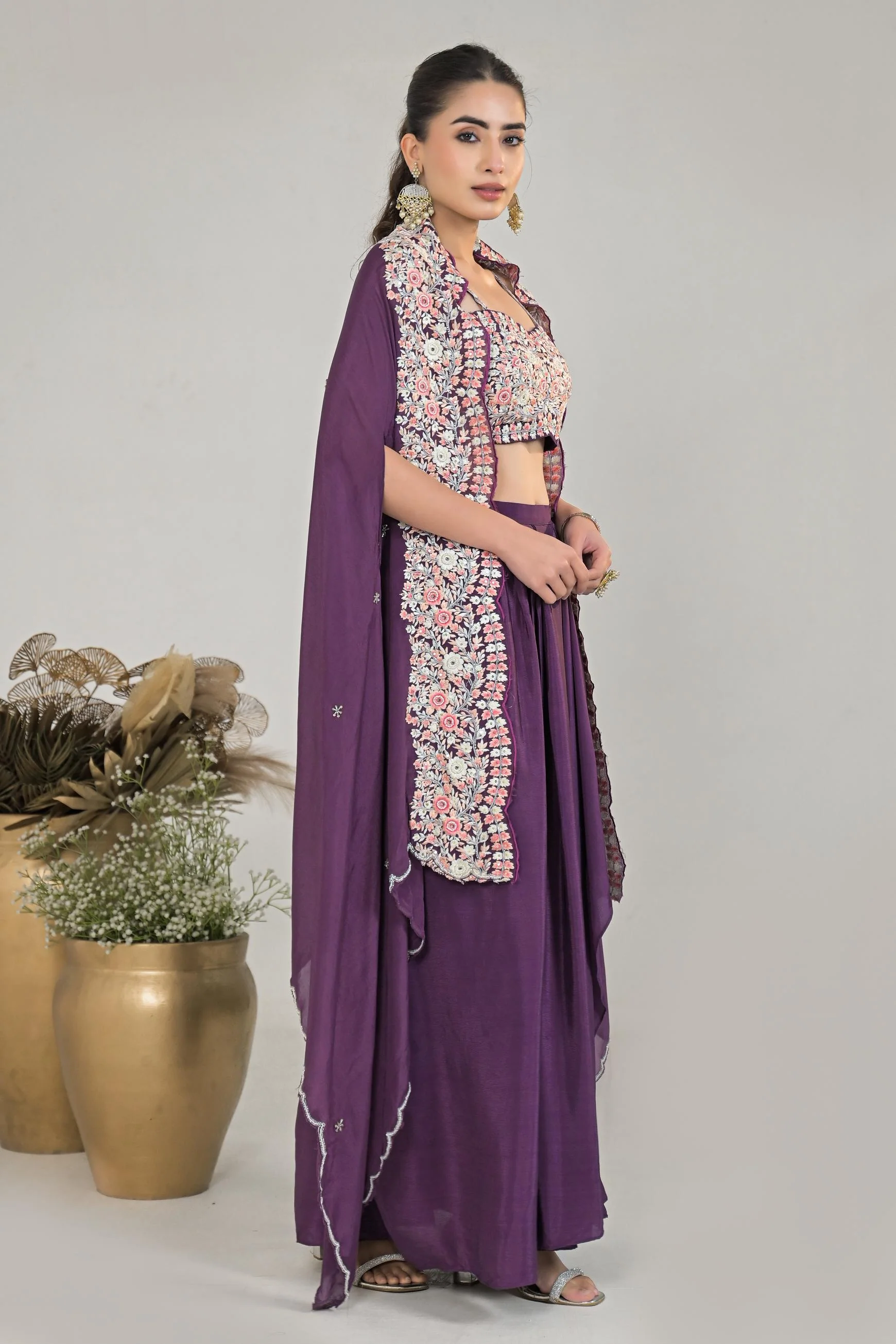 Dark Mauve Embroidered Chinon Silk Cape Set - Image 4