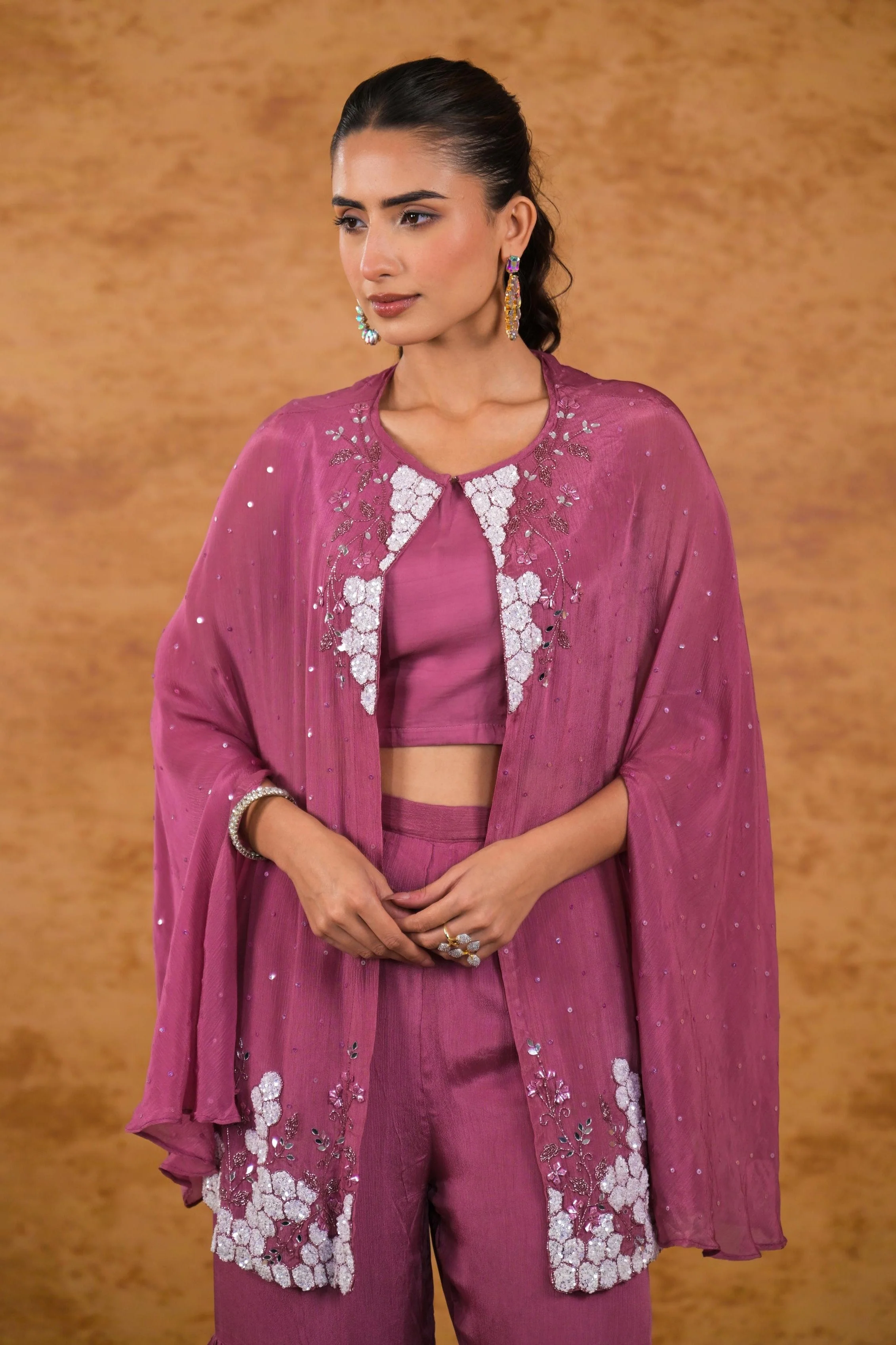 Dark Mauve Embroidered Chinon Silk Cape Set - Image 2