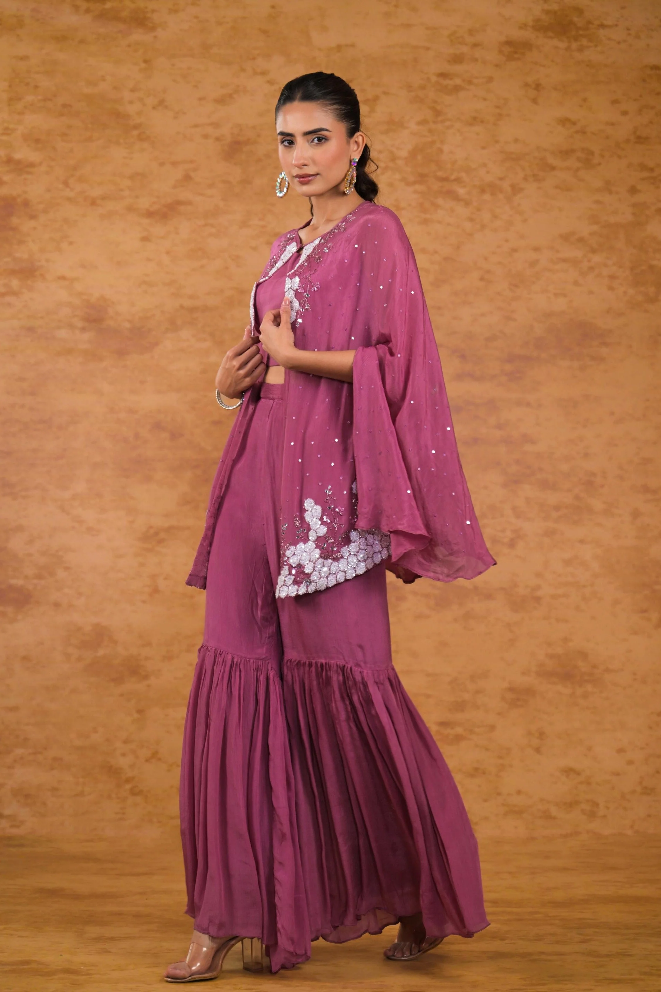 Dark Mauve Embroidered Chinon Silk Cape Set - Image 3