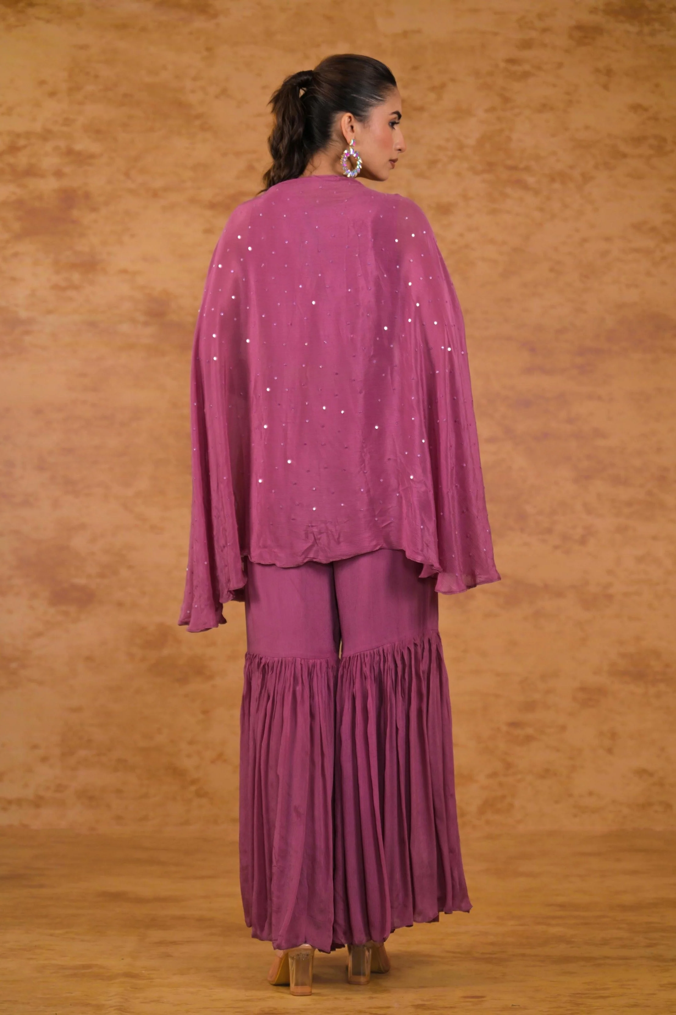 Dark Mauve Embroidered Chinon Silk Cape Set - Image 4