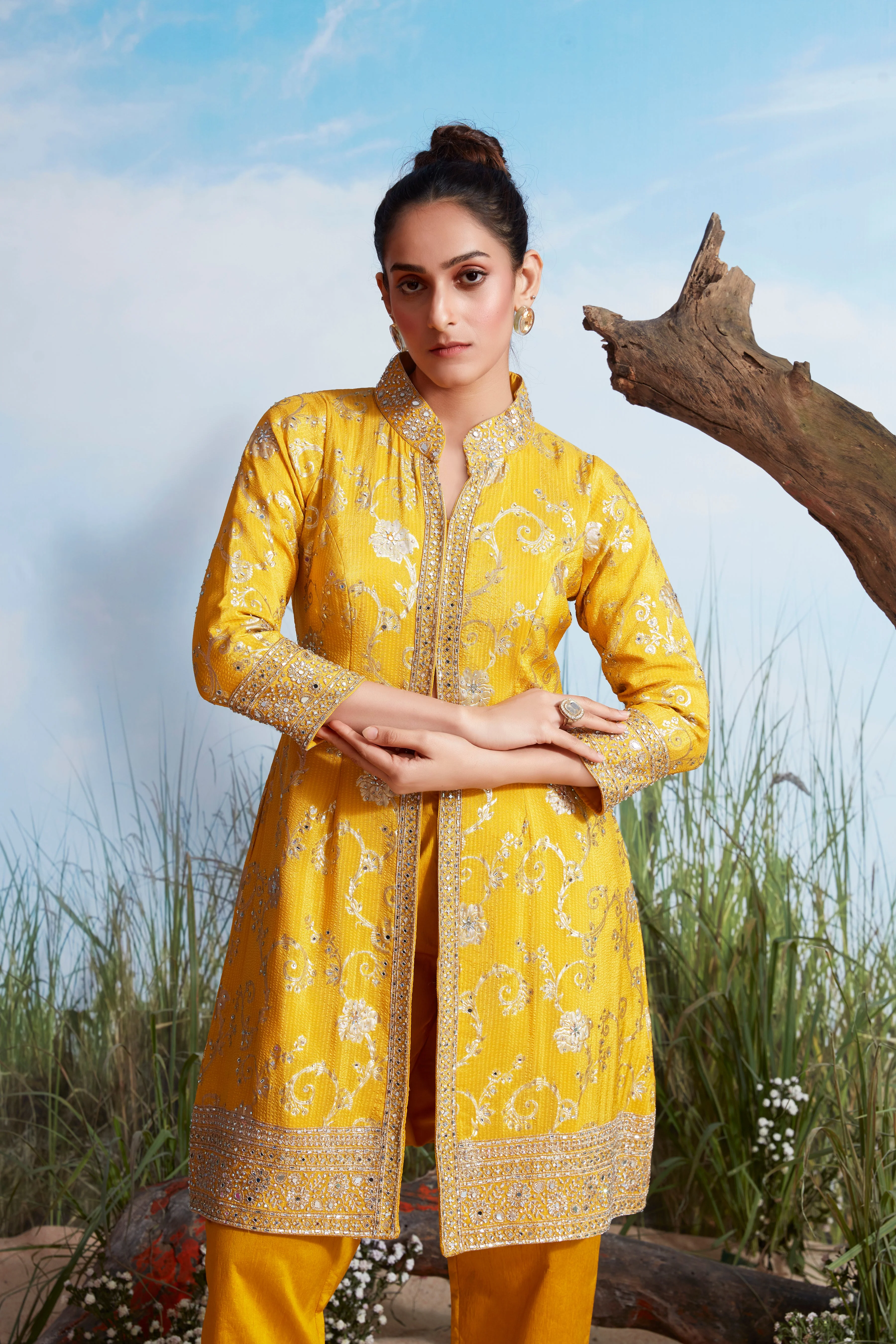 Mustard Yellow Embellished Brocade Silk Kurta Set - Image 2