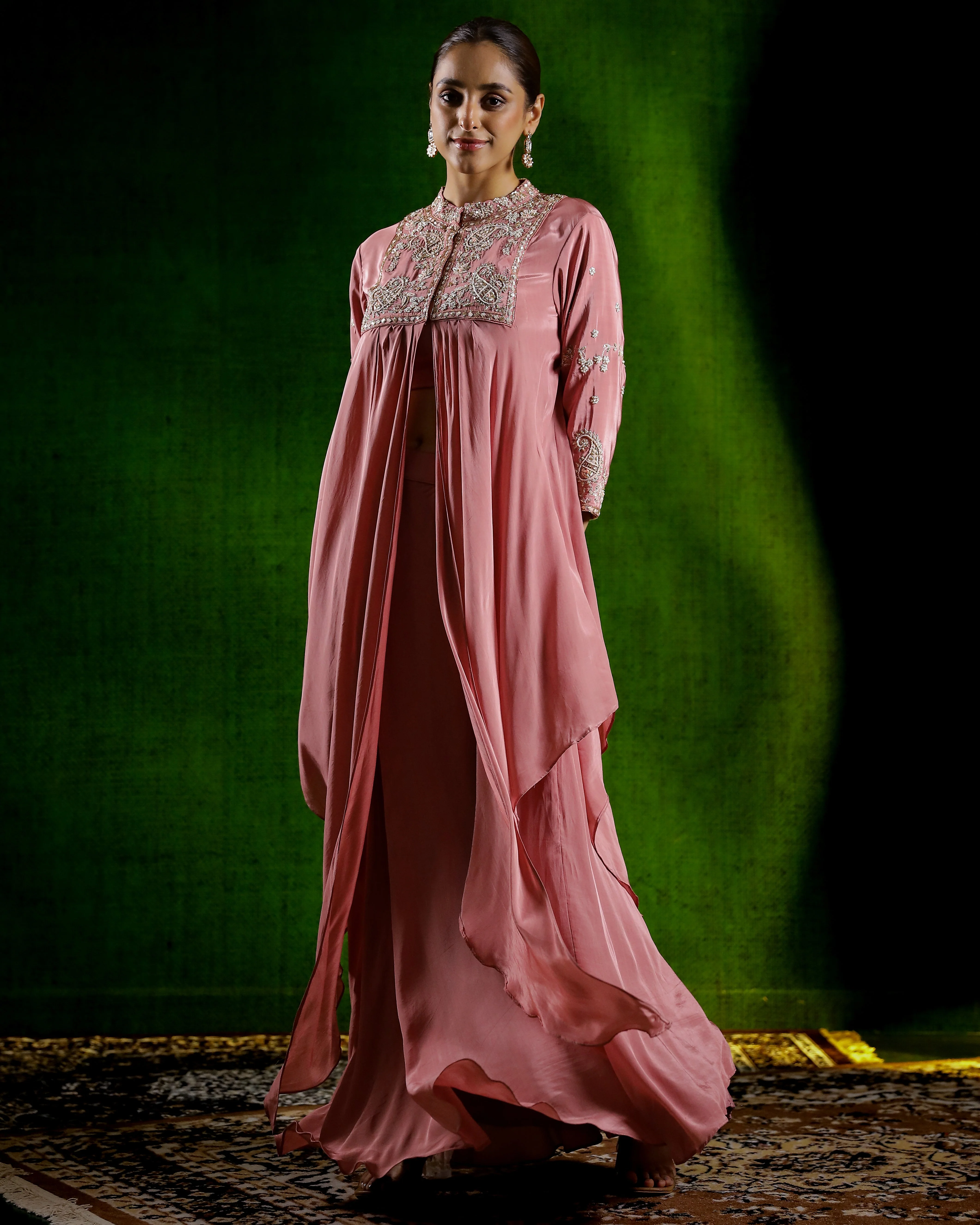 Dark Peach Embellished Habutai Silk Skirt Set - Image 4