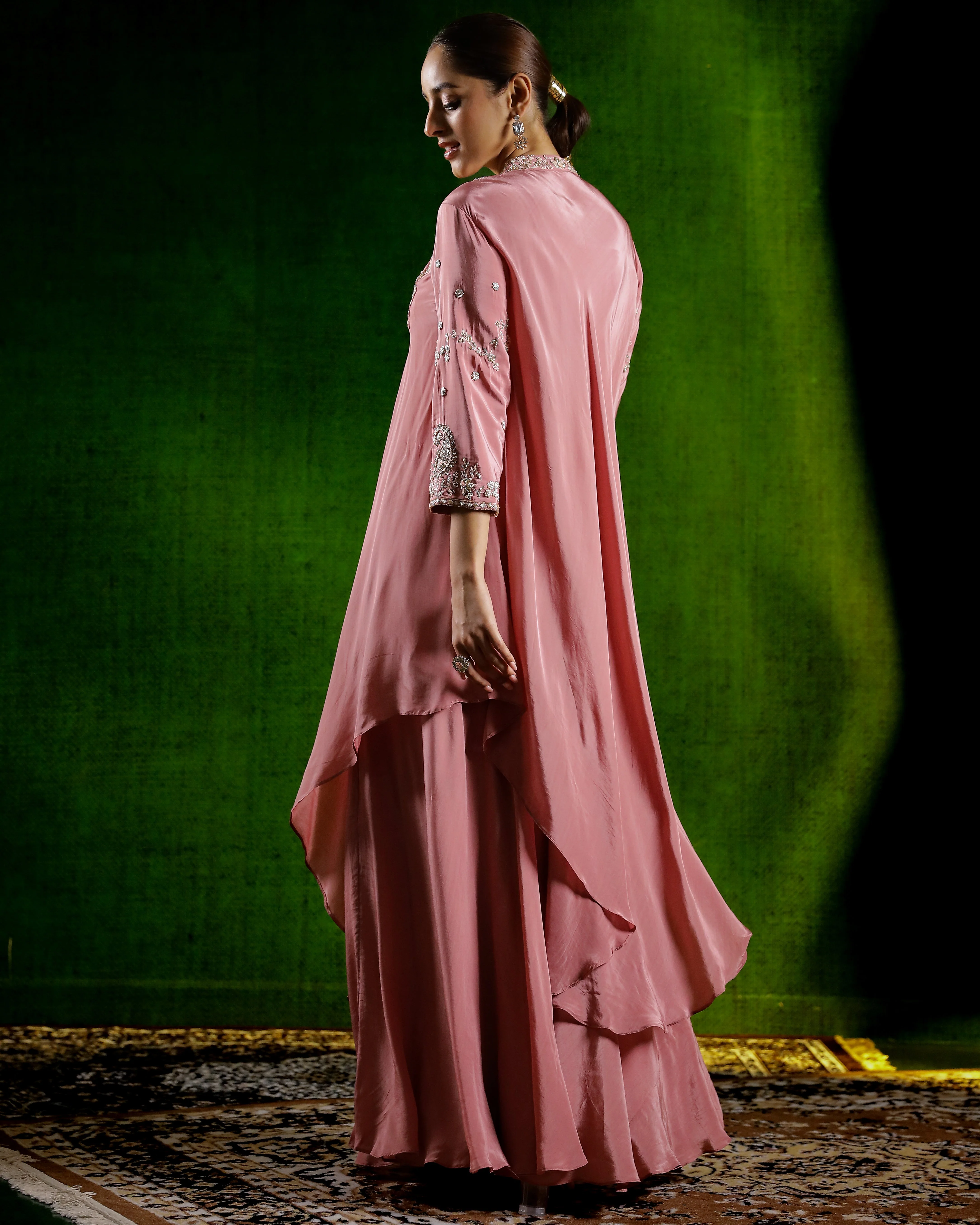 Dark Peach Embellished Habutai Silk Skirt Set - Image 5