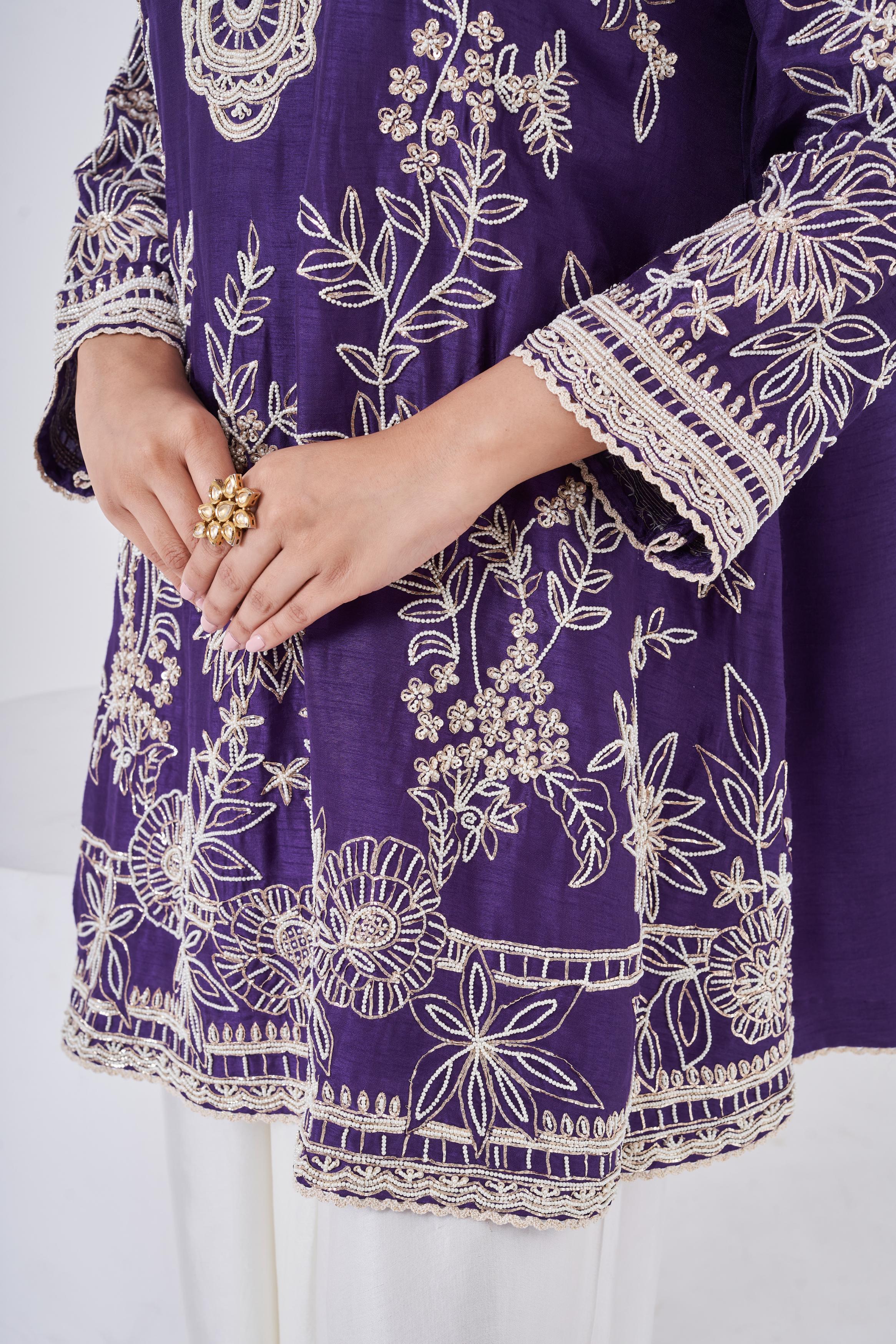 Dark Purple Embellished Raw Silk Co-Ord Set - Image 3