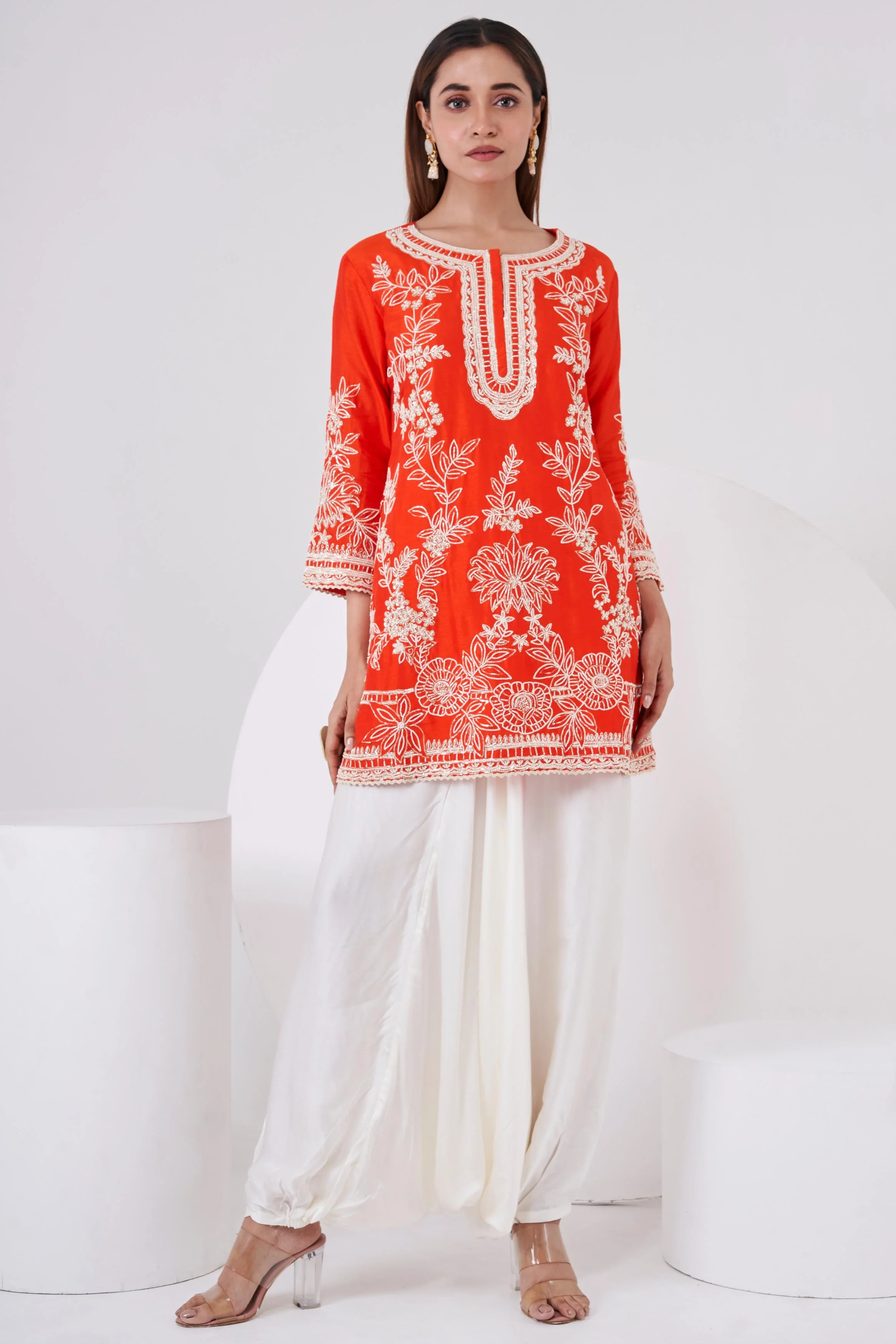 Bright Orange Embellished Raw Silk Co-Ord Set - Image 3