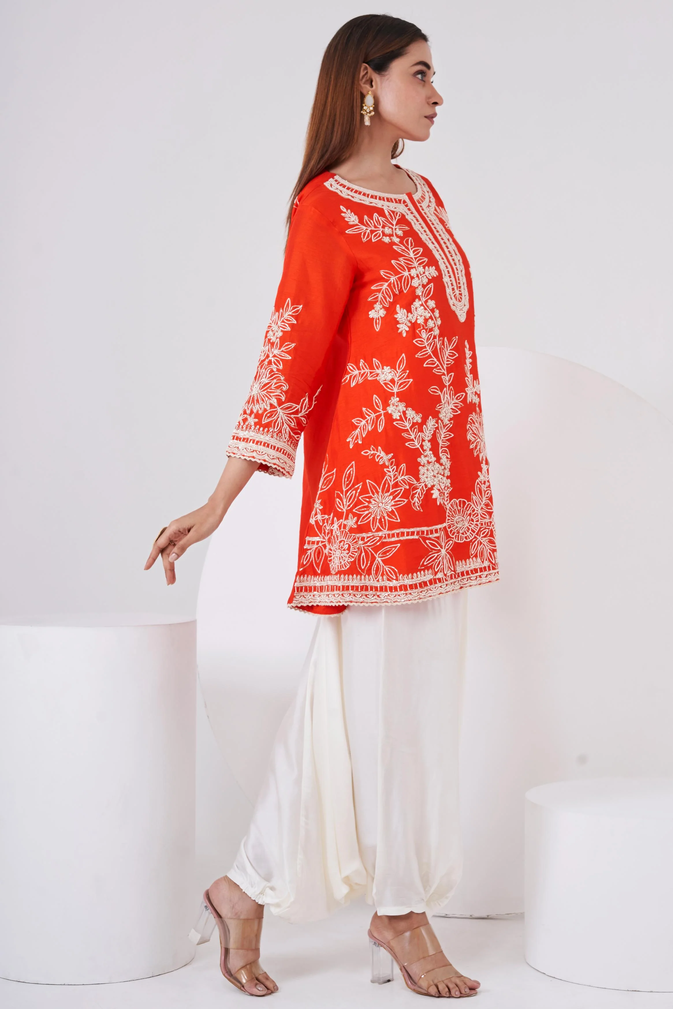 Bright Orange Embellished Raw Silk Co-Ord Set - Image 4