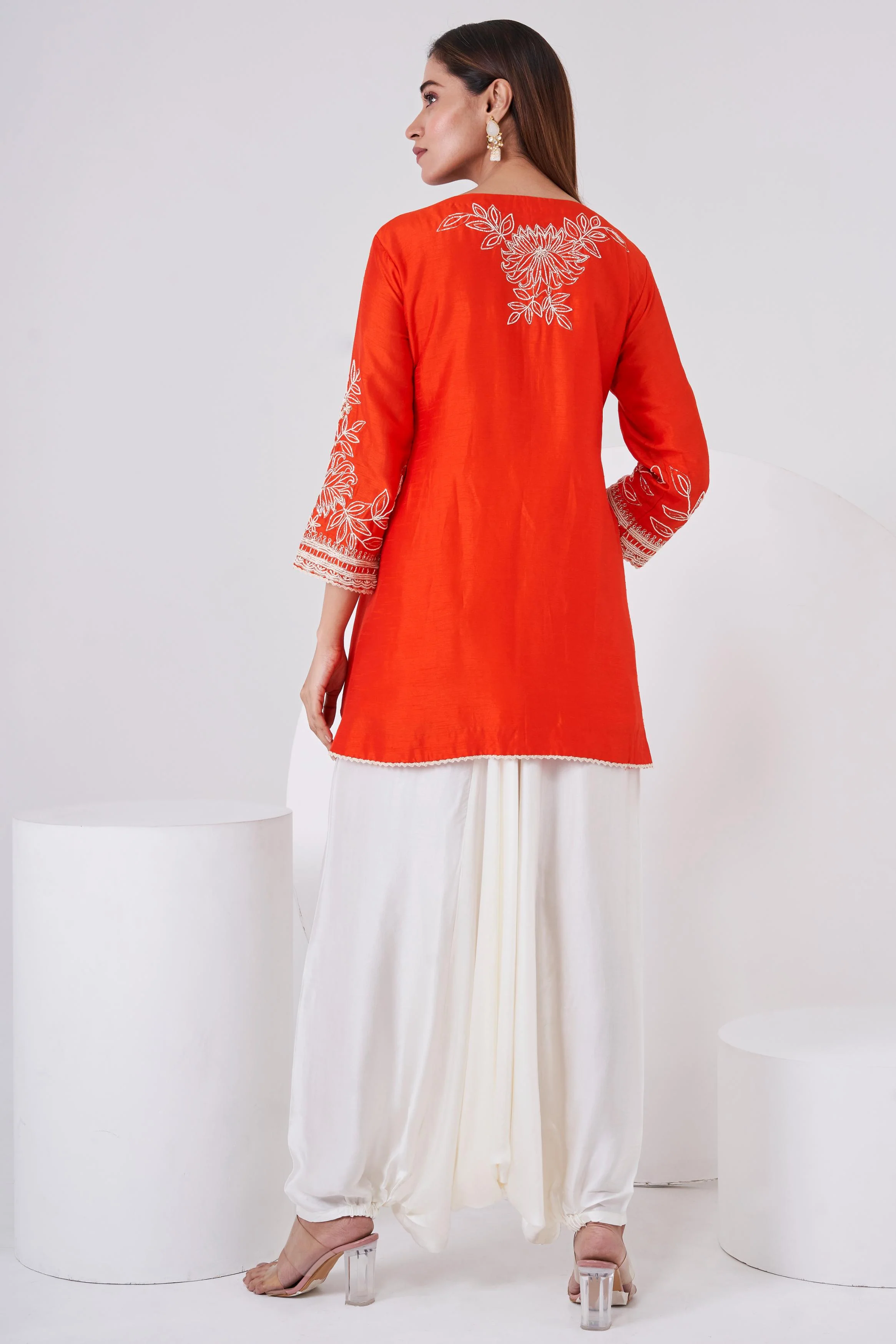 Bright Orange Embellished Raw Silk Co-Ord Set - Image 6