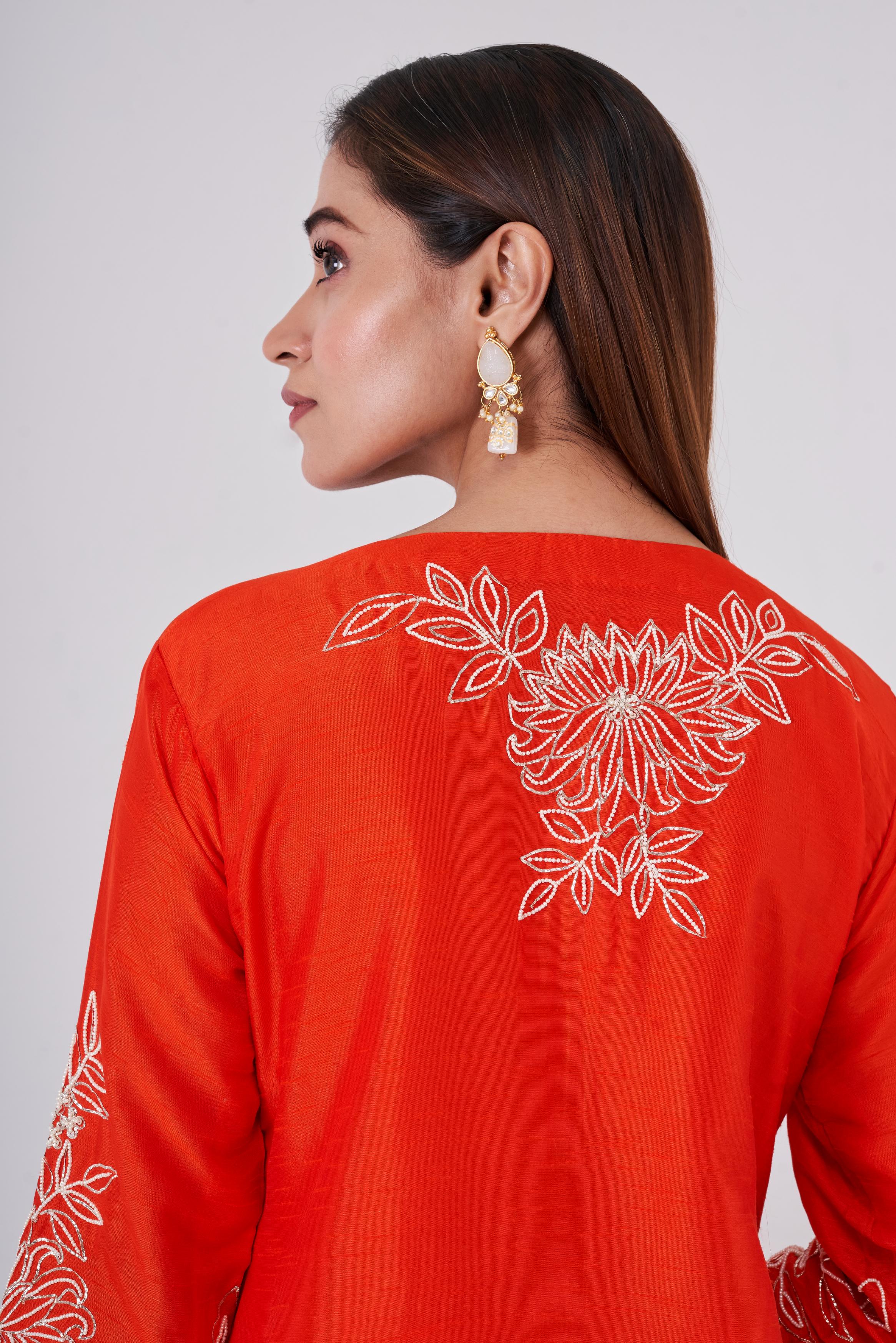 Bright Orange Embellished Raw Silk Co-Ord Set - Image 8