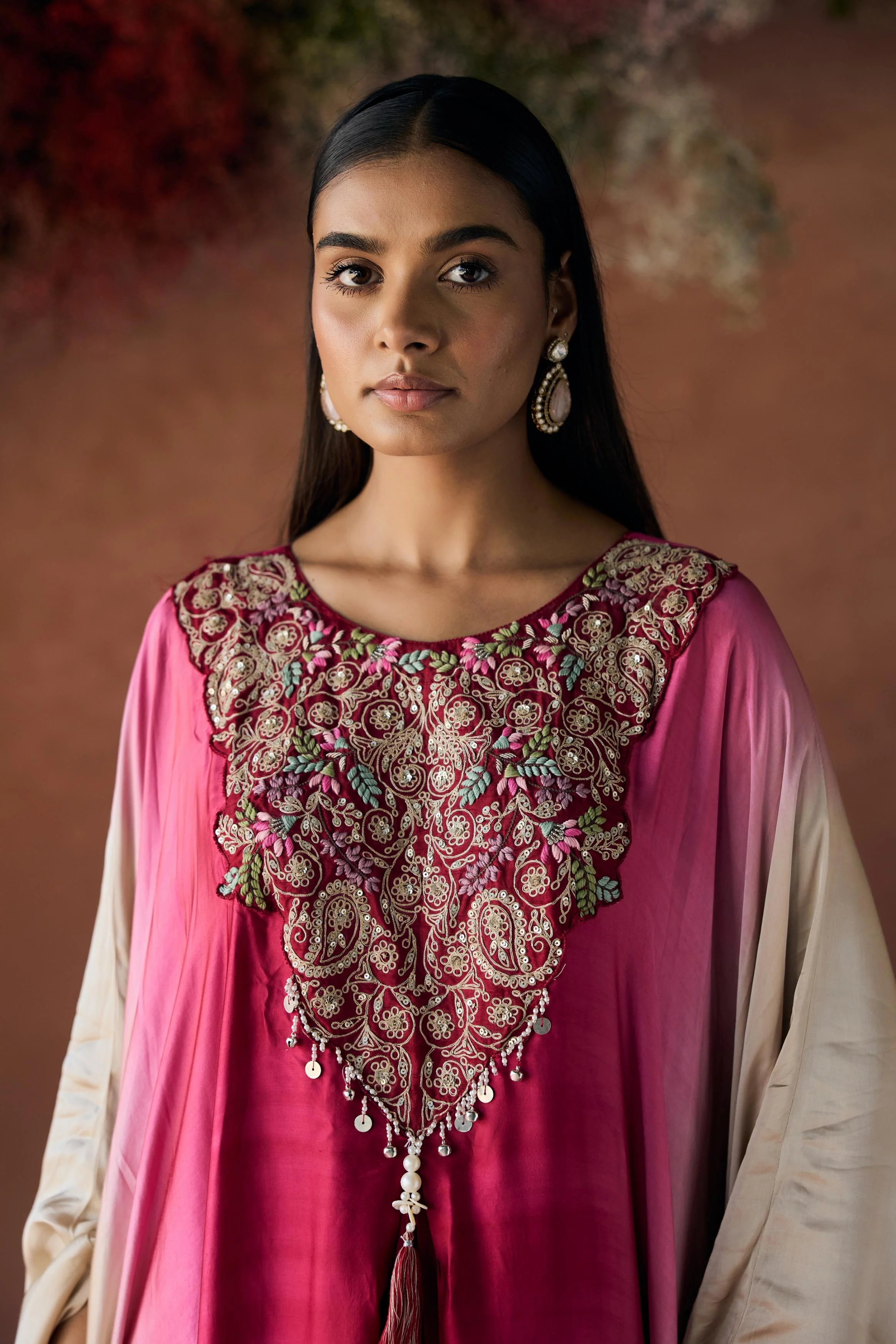 Dark Pink Embellished Satin Silk Kaftan Set - Image 3