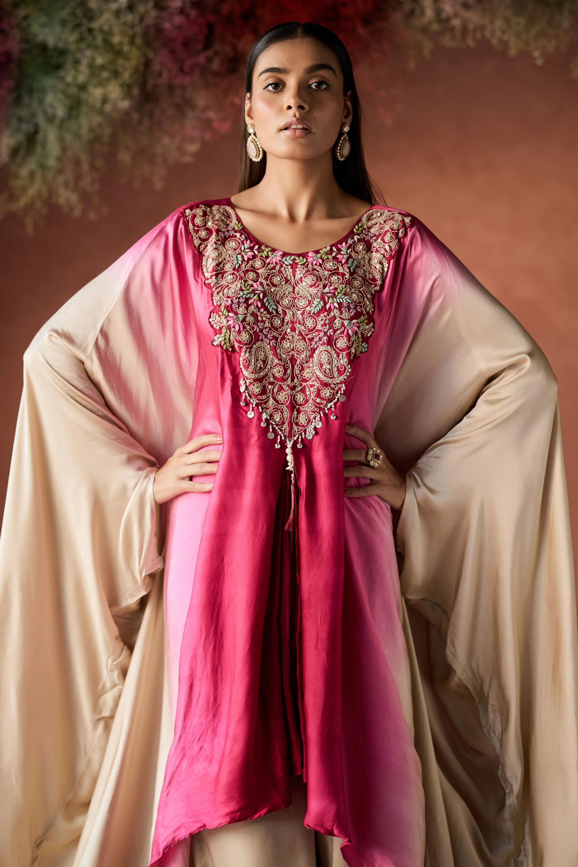 Dark Pink Embellished Satin Silk Kaftan Set - Image 4
