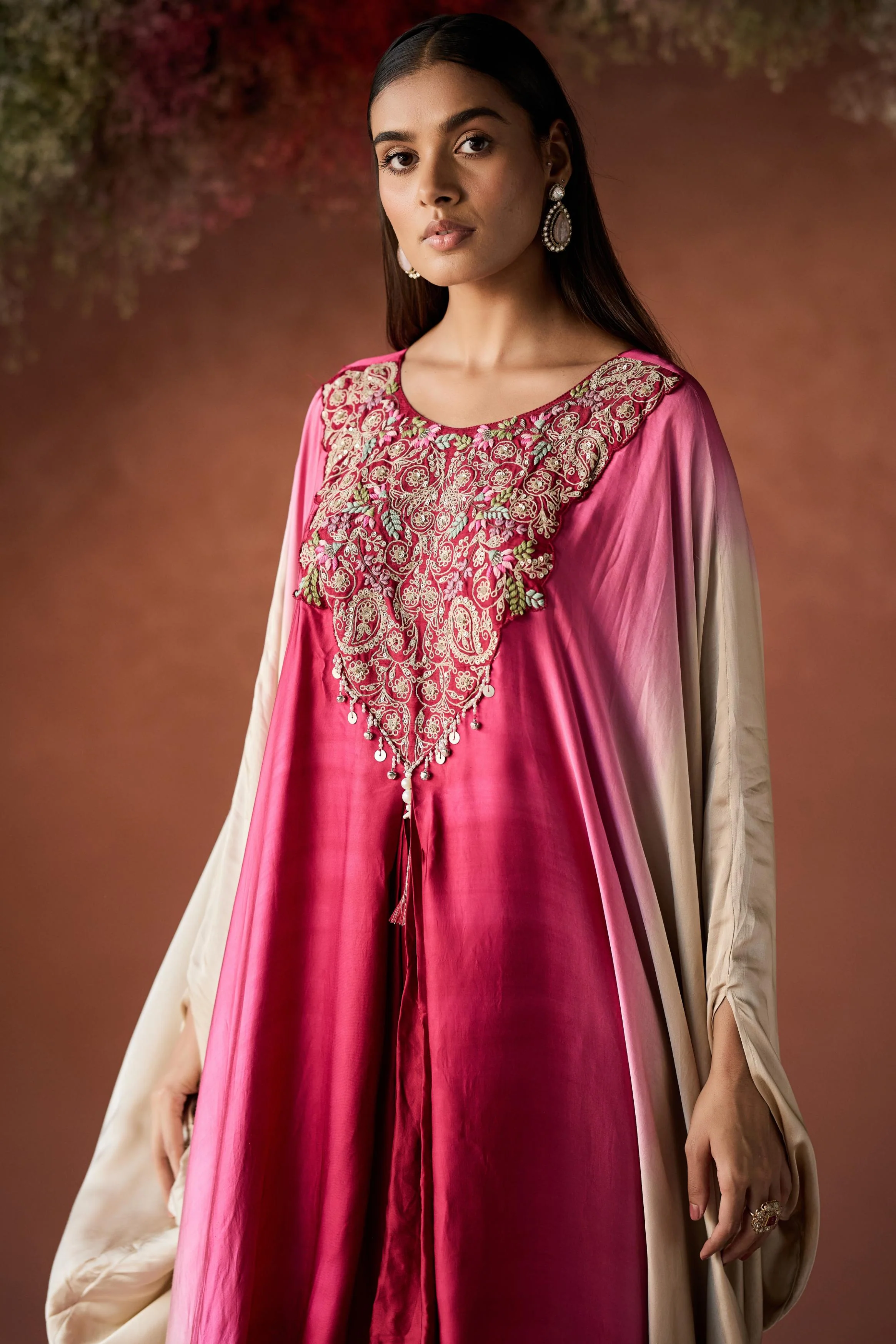 Dark Pink Embellished Satin Silk Kaftan Set - Image 5
