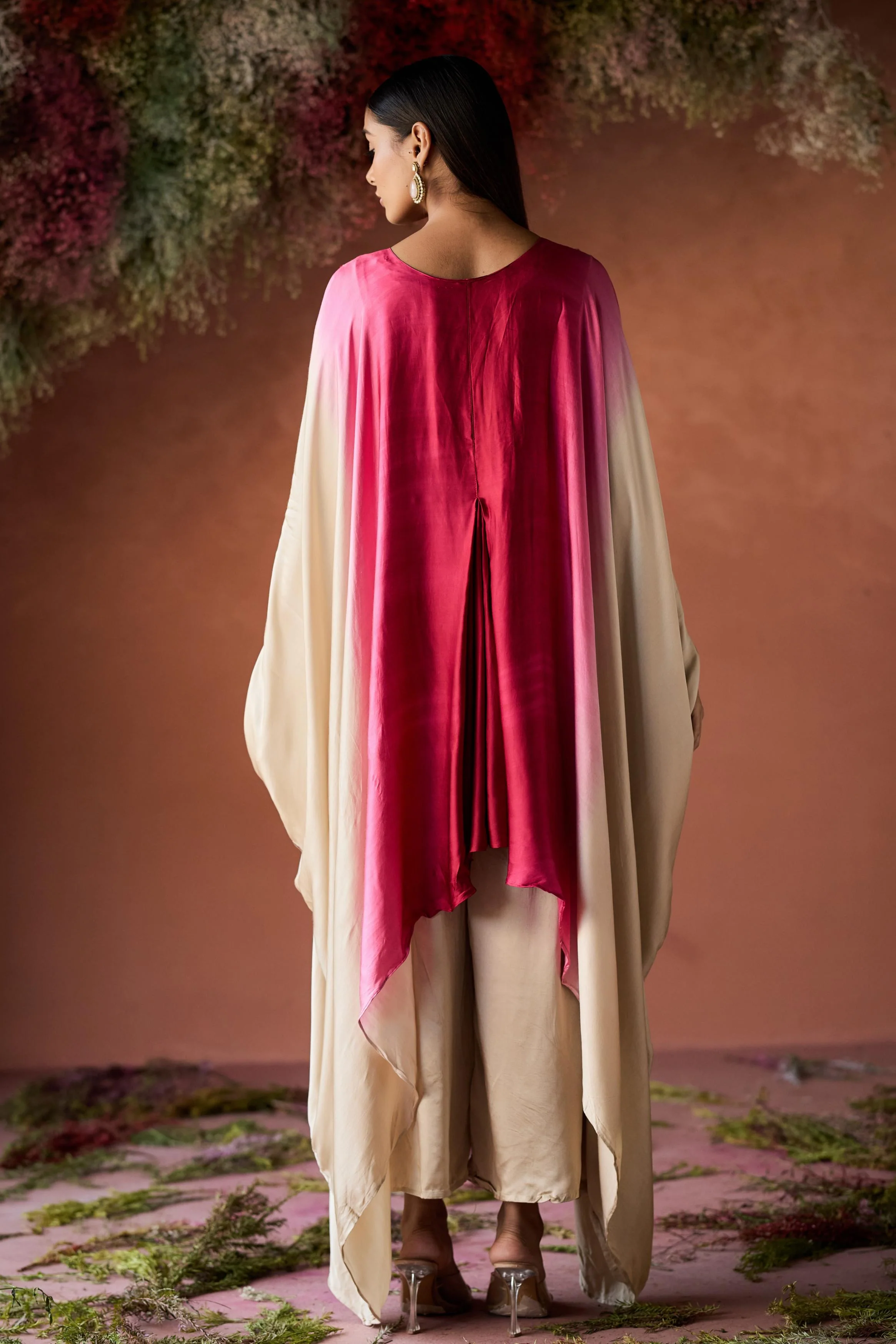 Dark Pink Embellished Satin Silk Kaftan Set - Image 6