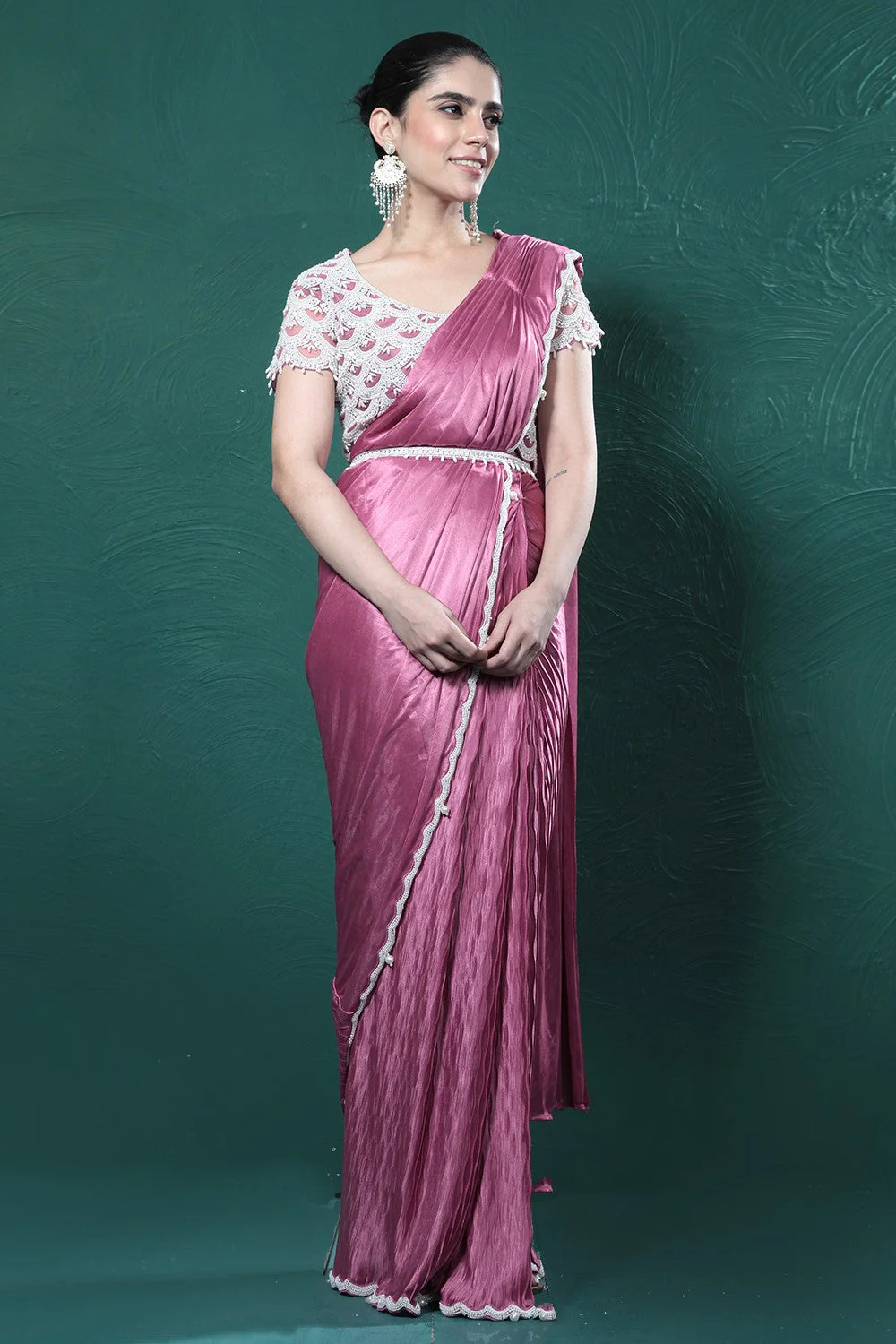 Dark Pink Embellished Spandex Saree - Image 2
