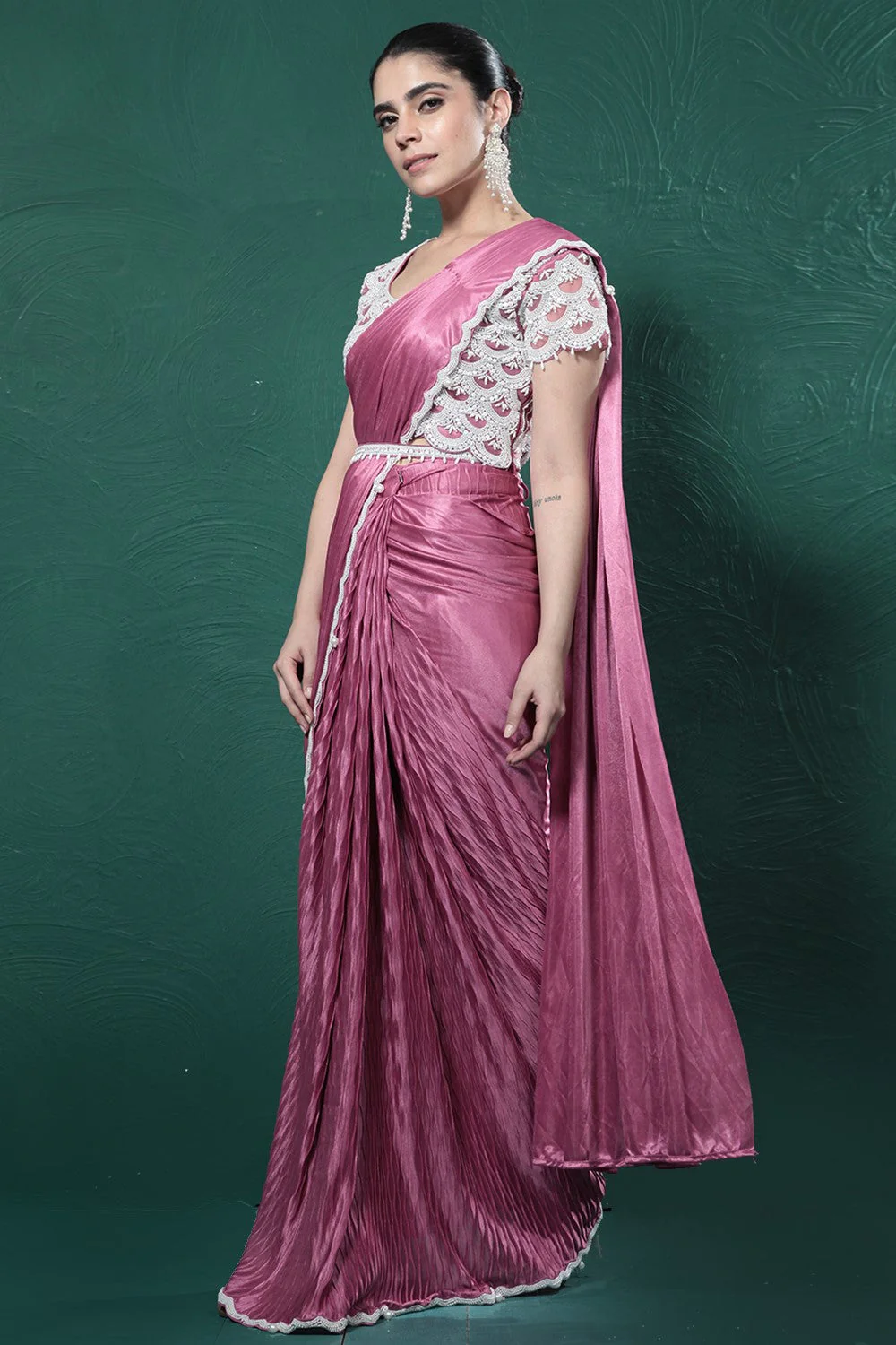 Dark Pink Embellished Spandex Saree - Image 3