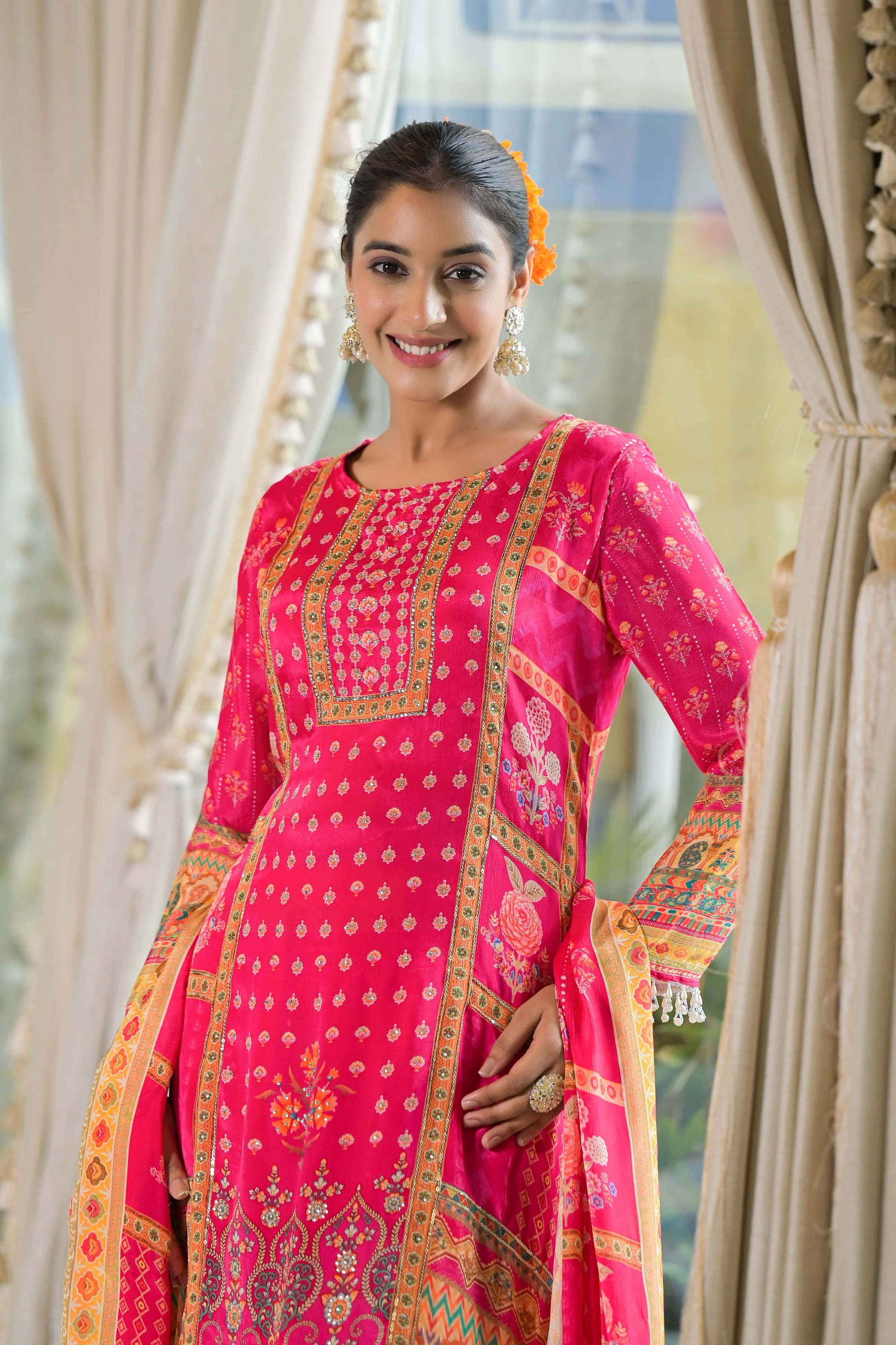 Dark Pink Ethnic Printed Chinon Silk Pants Set - Image 2