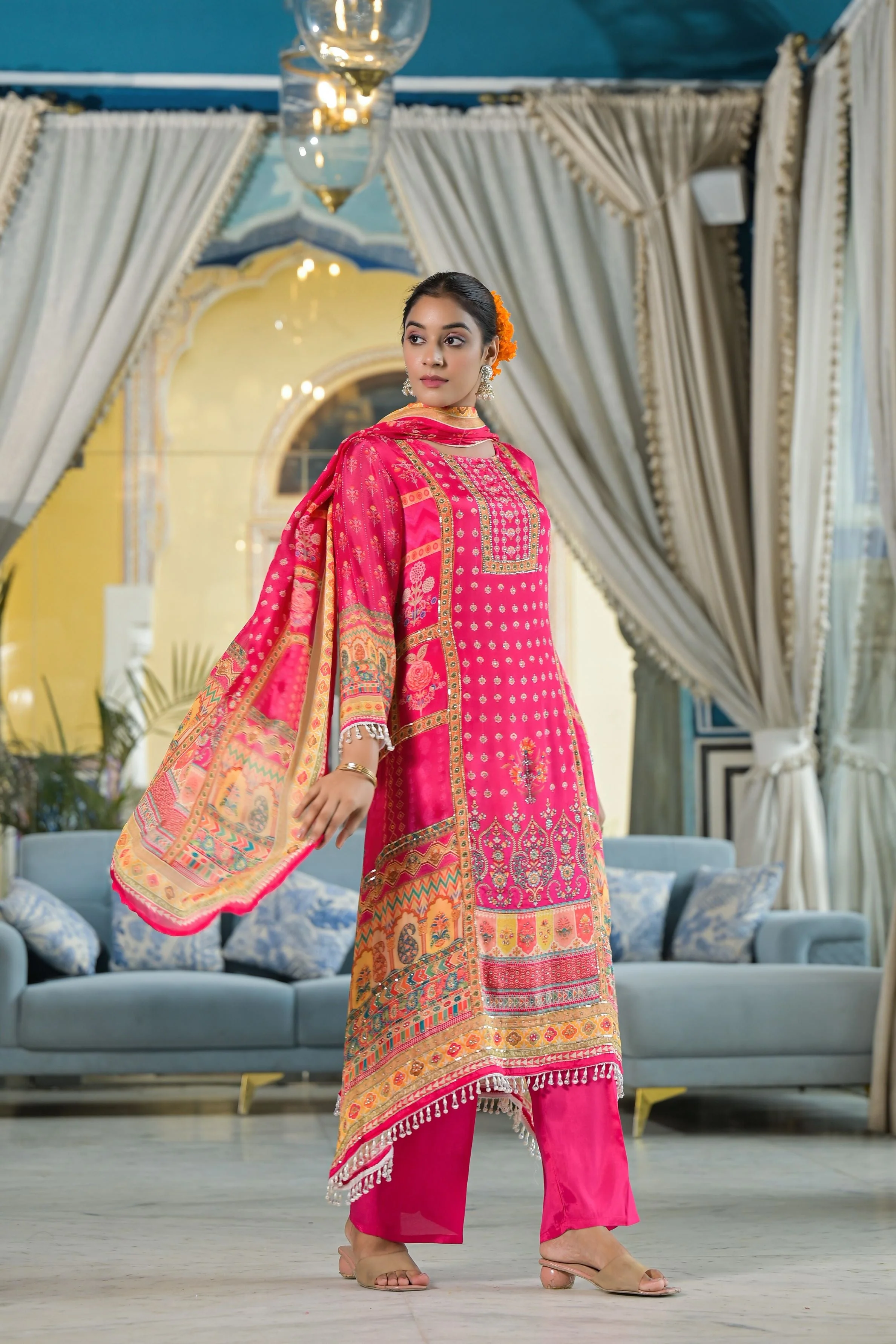 Dark Pink Ethnic Printed Chinon Silk Pants Set - Image 3