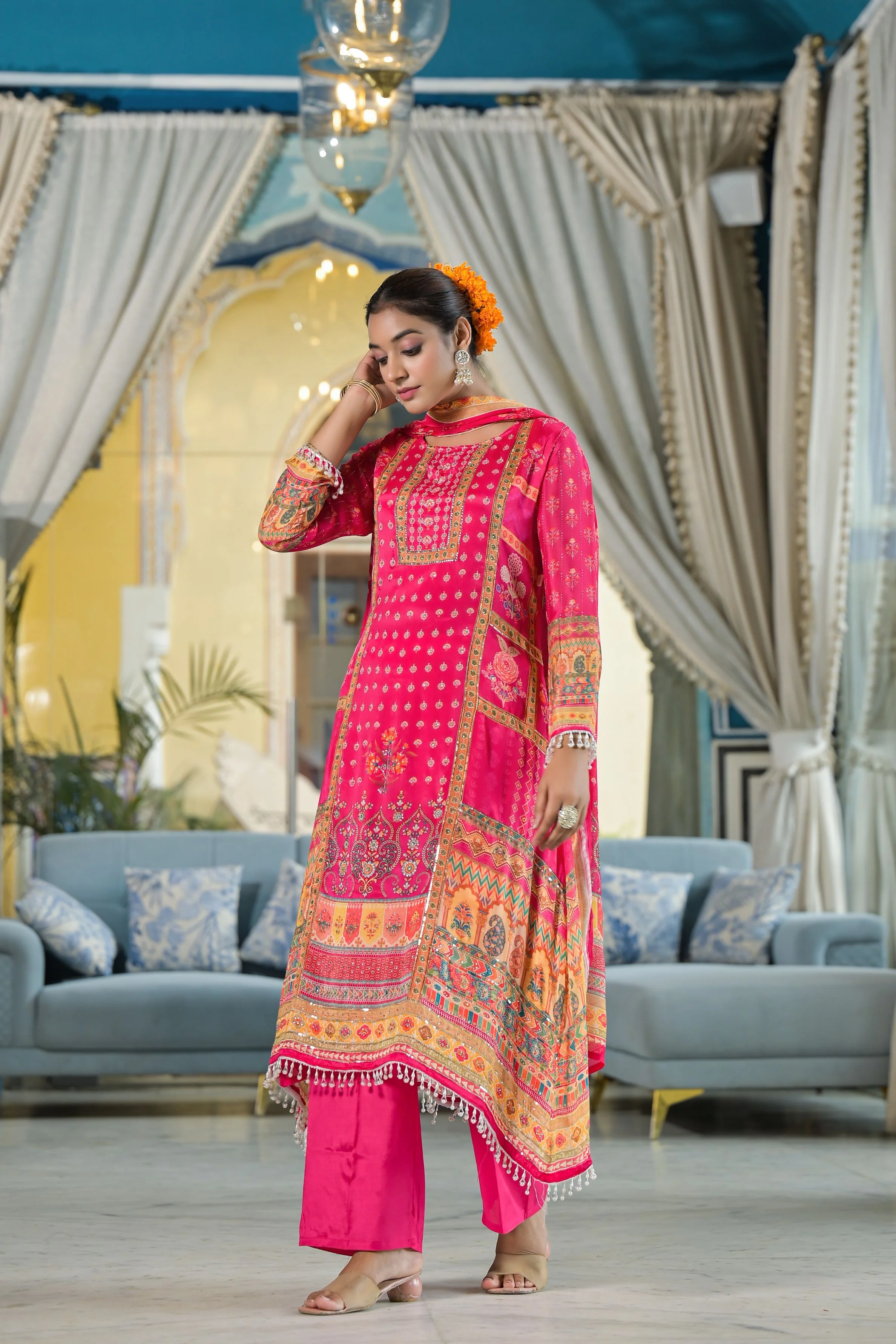 Dark Pink Ethnic Printed Chinon Silk Pants Set - Image 4