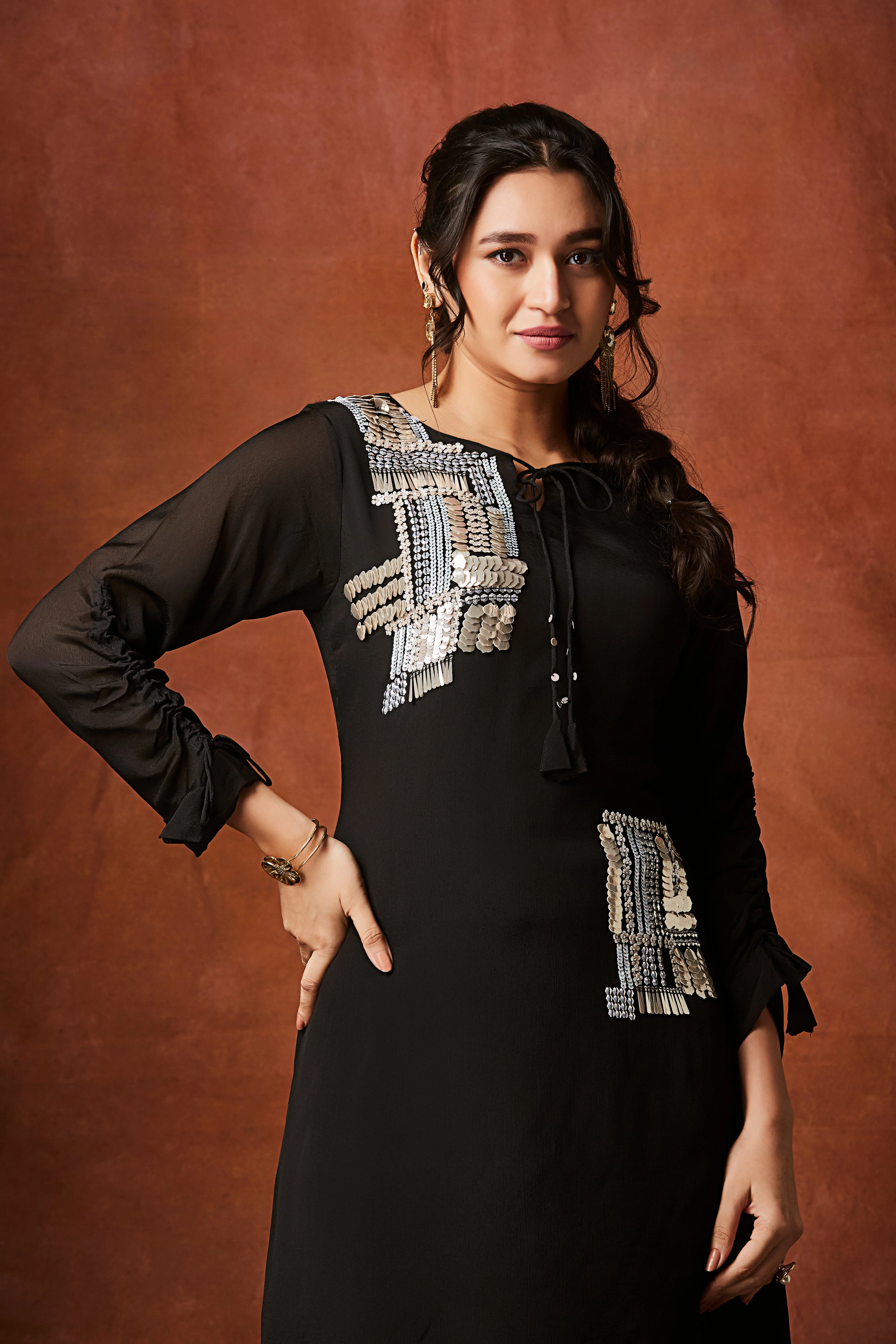 Black Embellished Chinon Silk Palazzo Set - Image 2