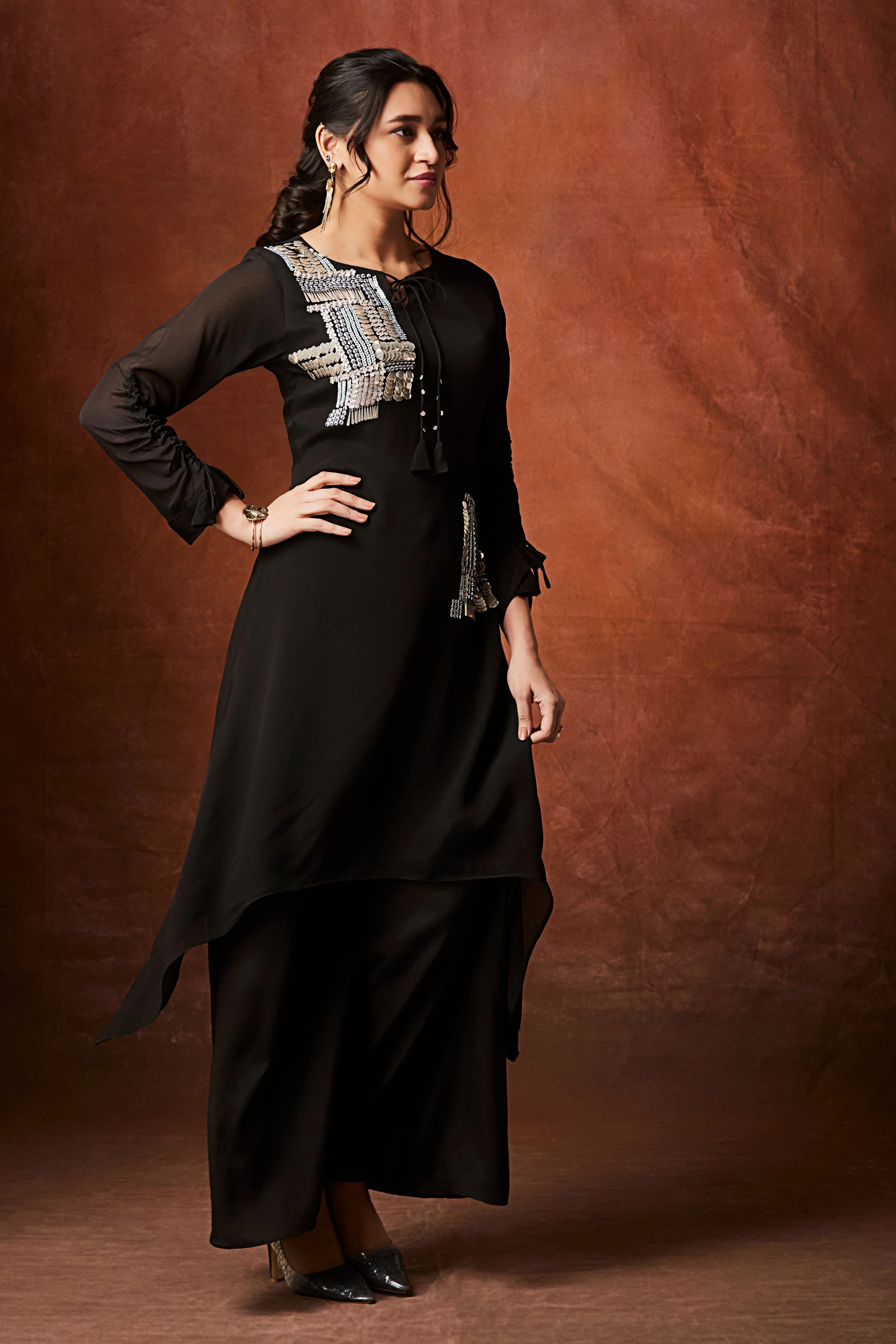 Black Embellished Chinon Silk Palazzo Set - Image 3