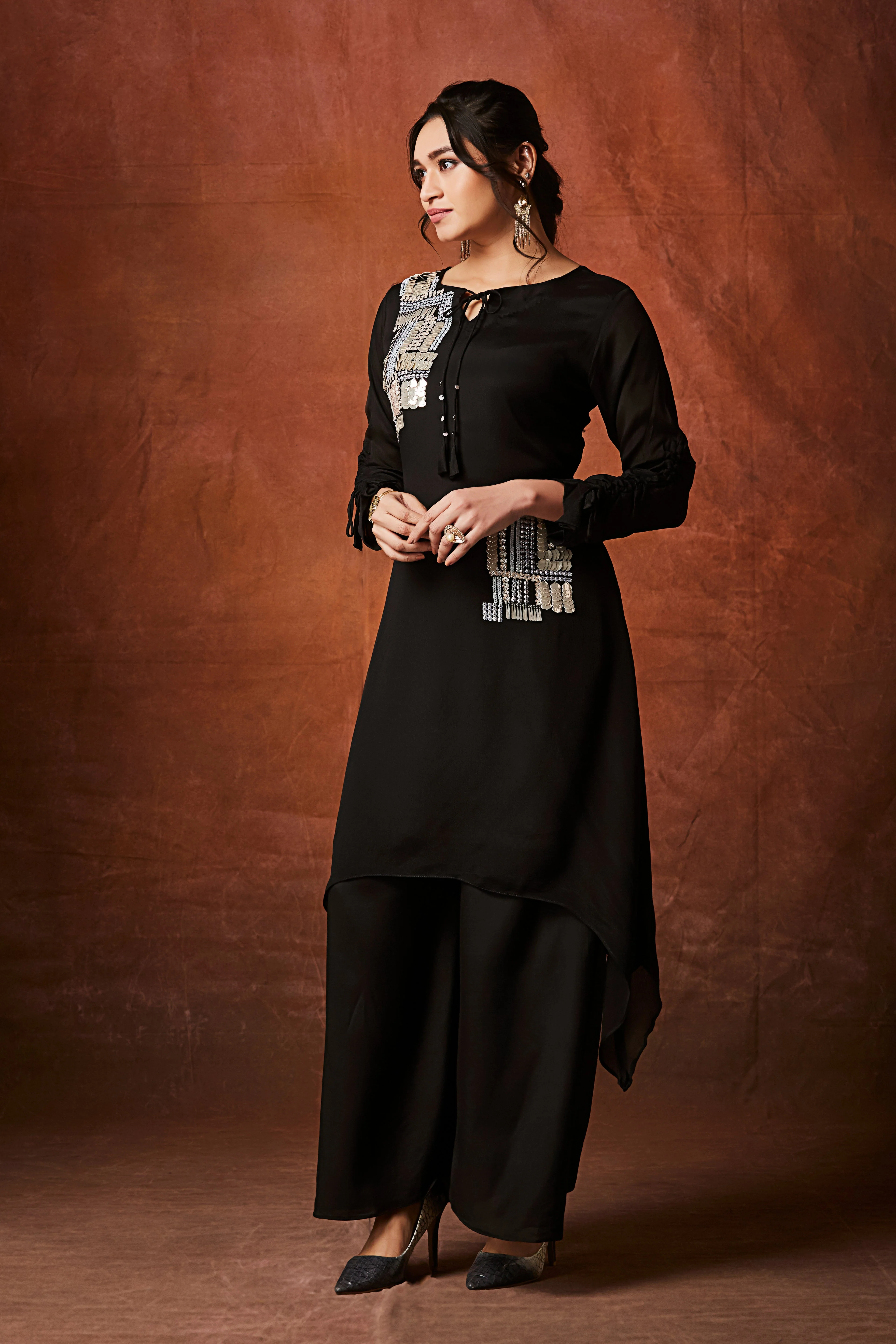 Black Embellished Chinon Silk Palazzo Set - Image 4
