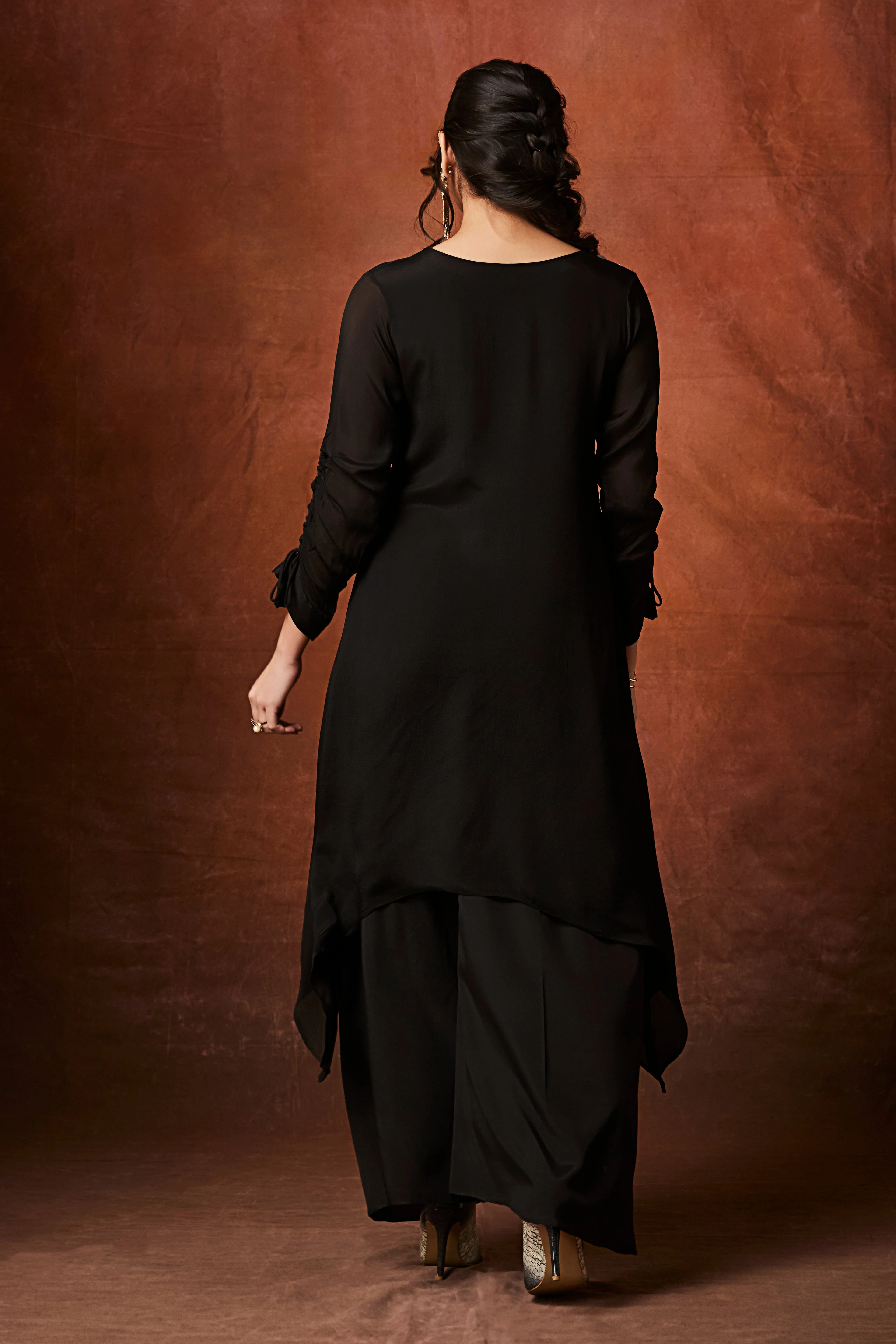Black Embellished Chinon Silk Palazzo Set - Image 5