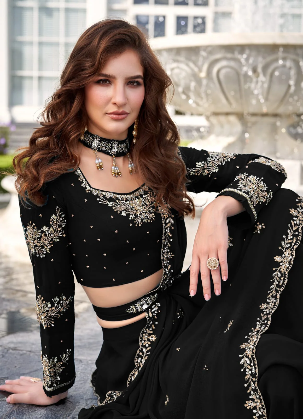 Deep Black Embellished Georgette Skirt Set - Image 2