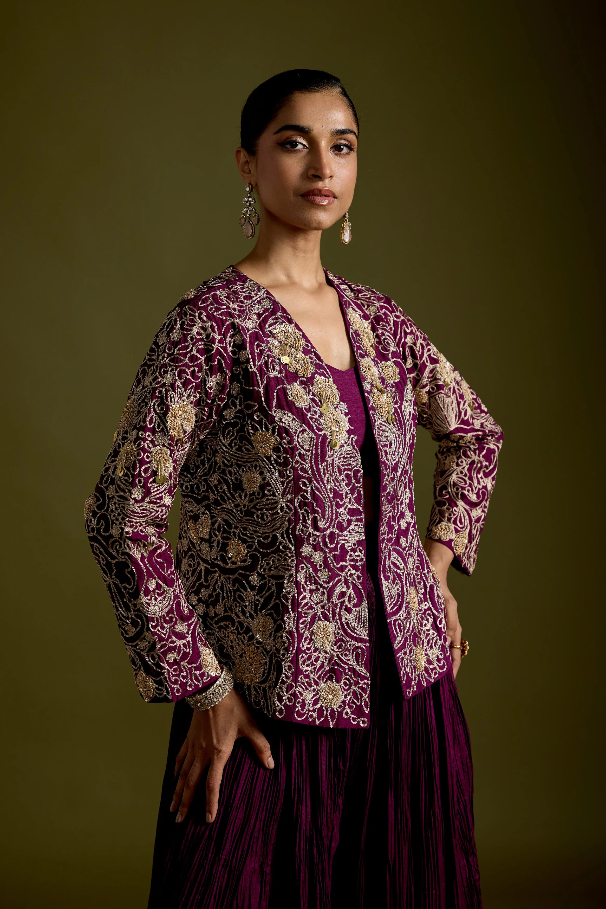 Dark Purple Embellished Organic Cotton Palazzo Set - Image 3