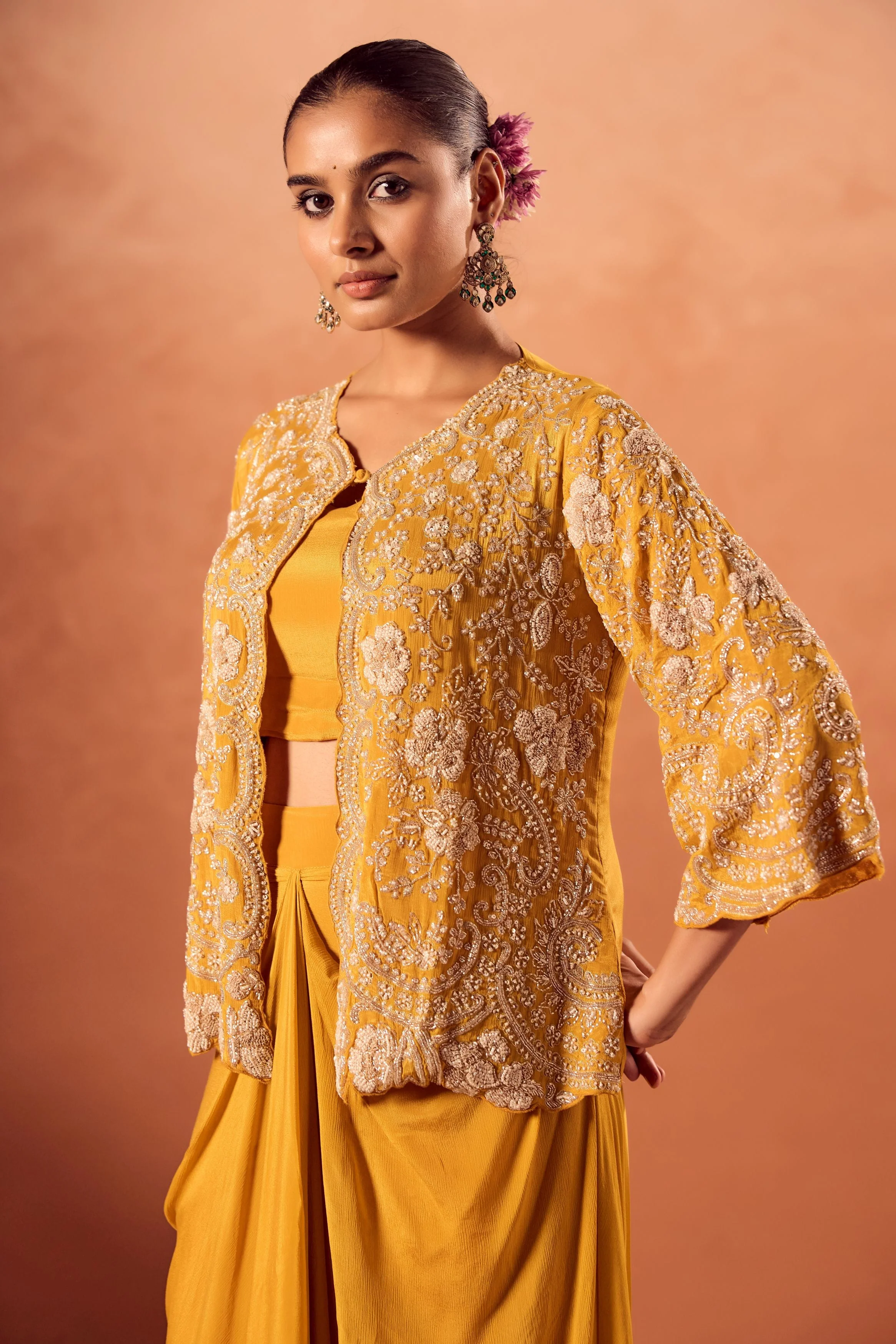 Bright Mustard Embellished Chinon Silk Skirt Set - Image 3