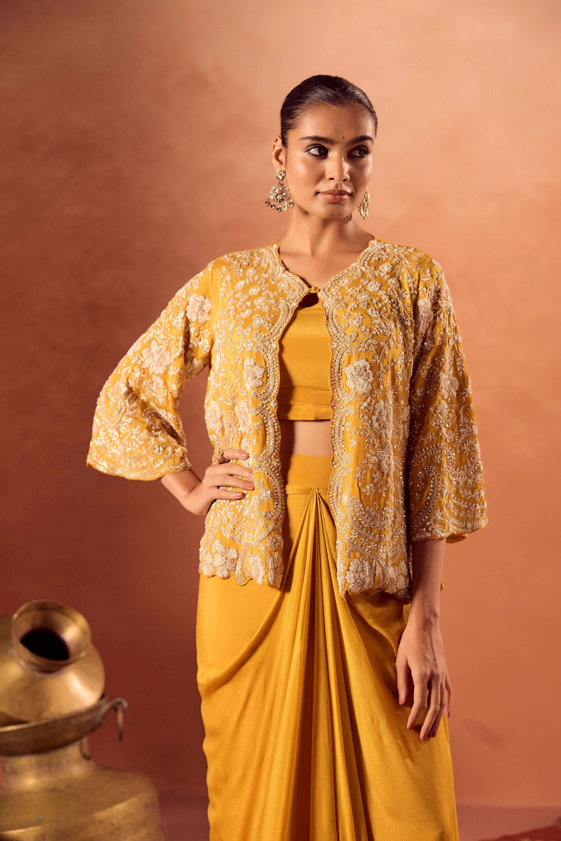 Bright Mustard Embellished Chinon Silk Skirt Set - Image 4