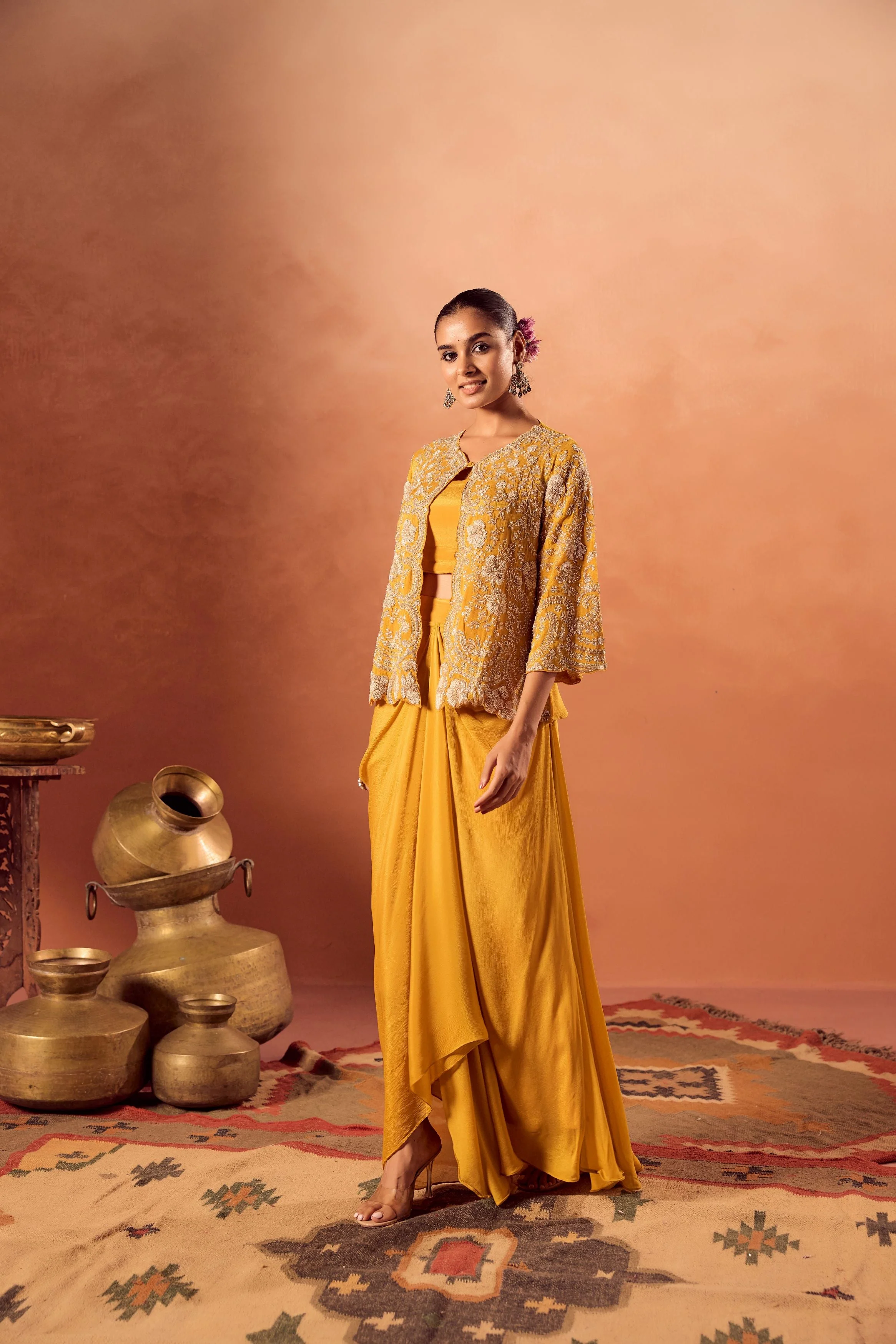 Bright Mustard Embellished Chinon Silk Skirt Set - Image 5