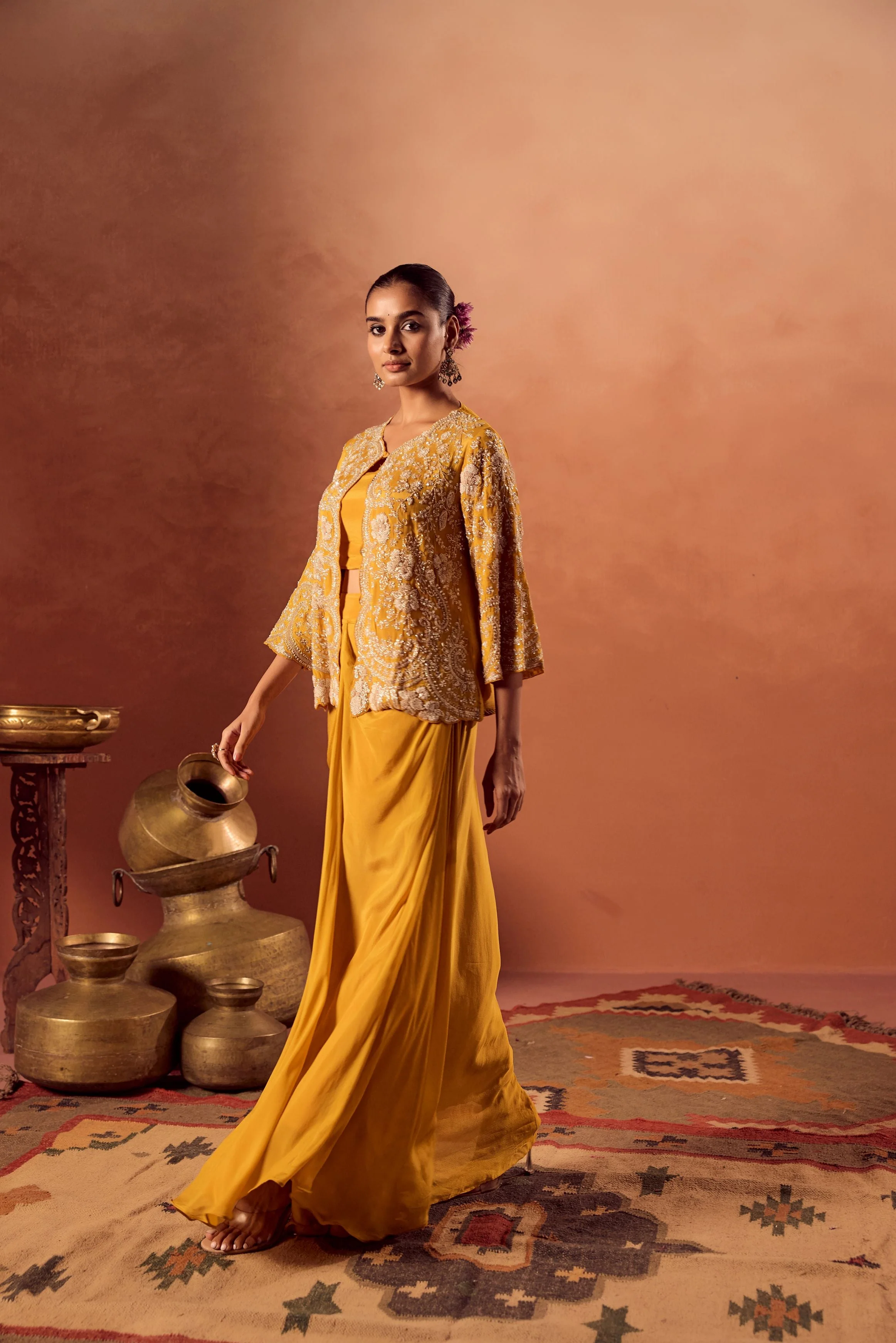 Bright Mustard Embellished Chinon Silk Skirt Set - Image 6