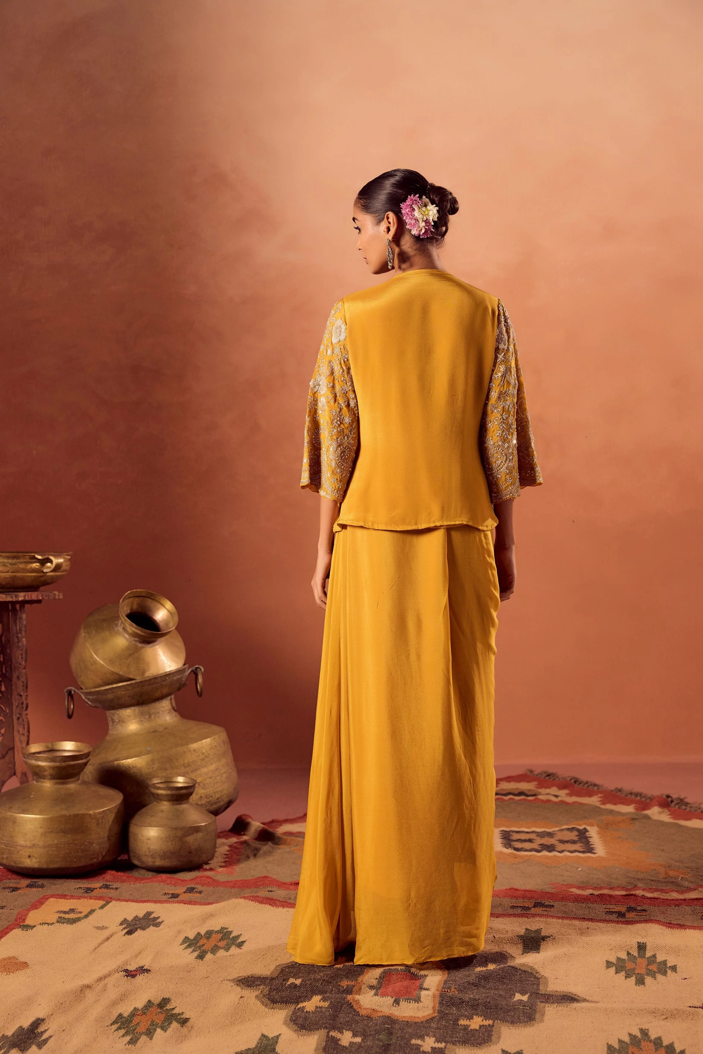 Bright Mustard Embellished Chinon Silk Skirt Set - Image 7