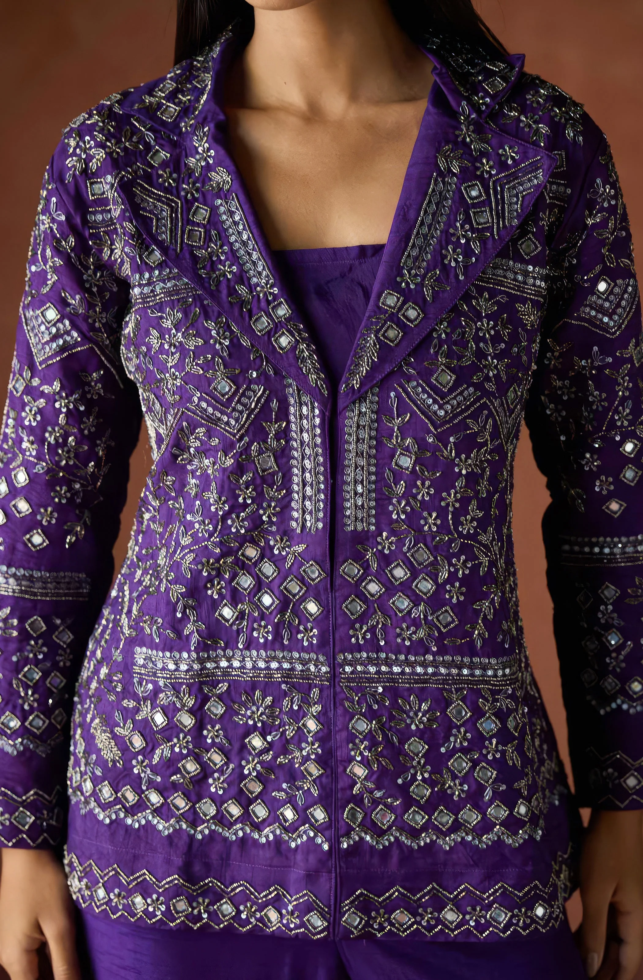 Dark Purple Embellished Raw Silk Co-Ord Set - Image 2