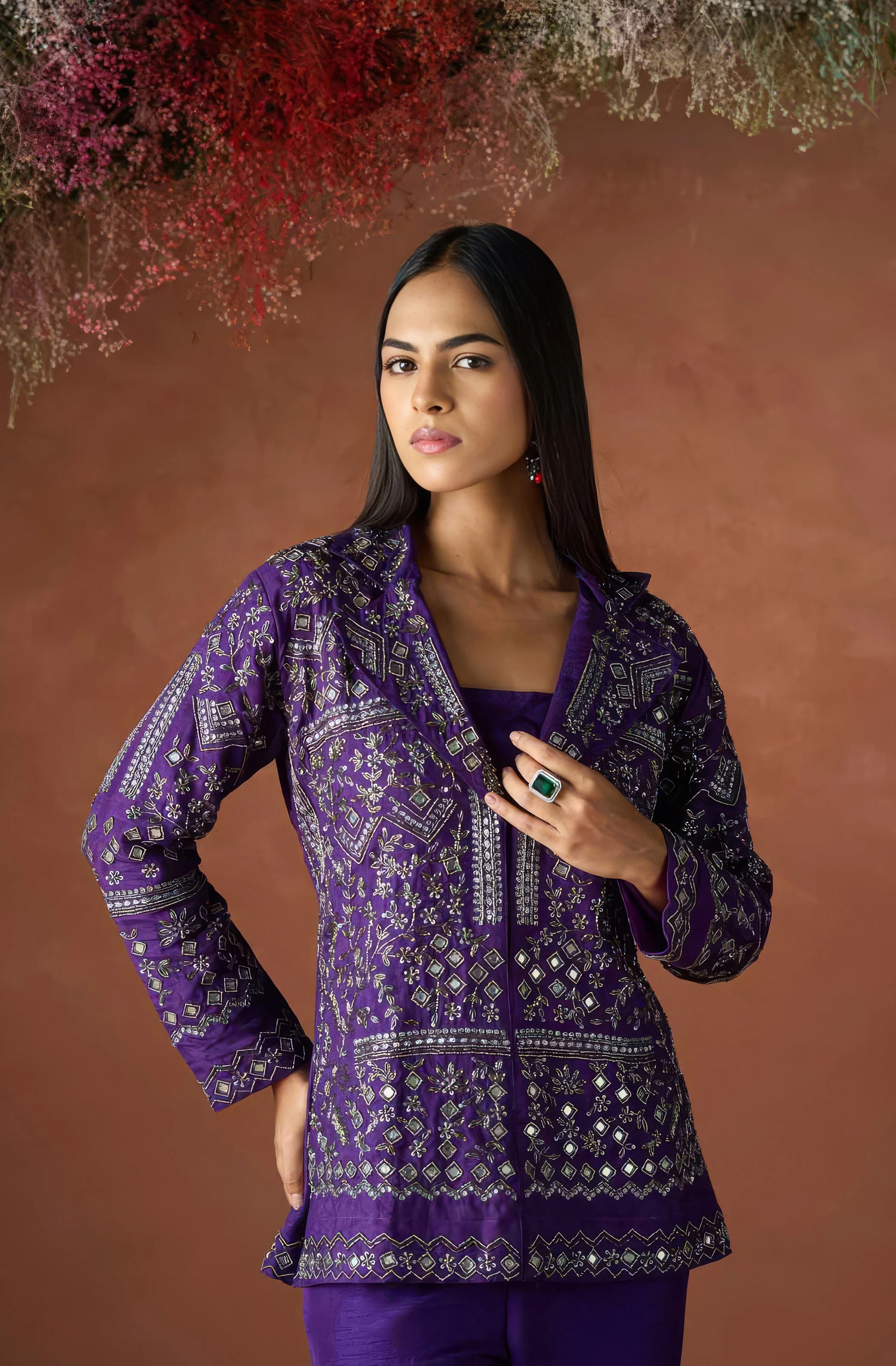 Dark Purple Embellished Raw Silk Co-Ord Set - Image 3