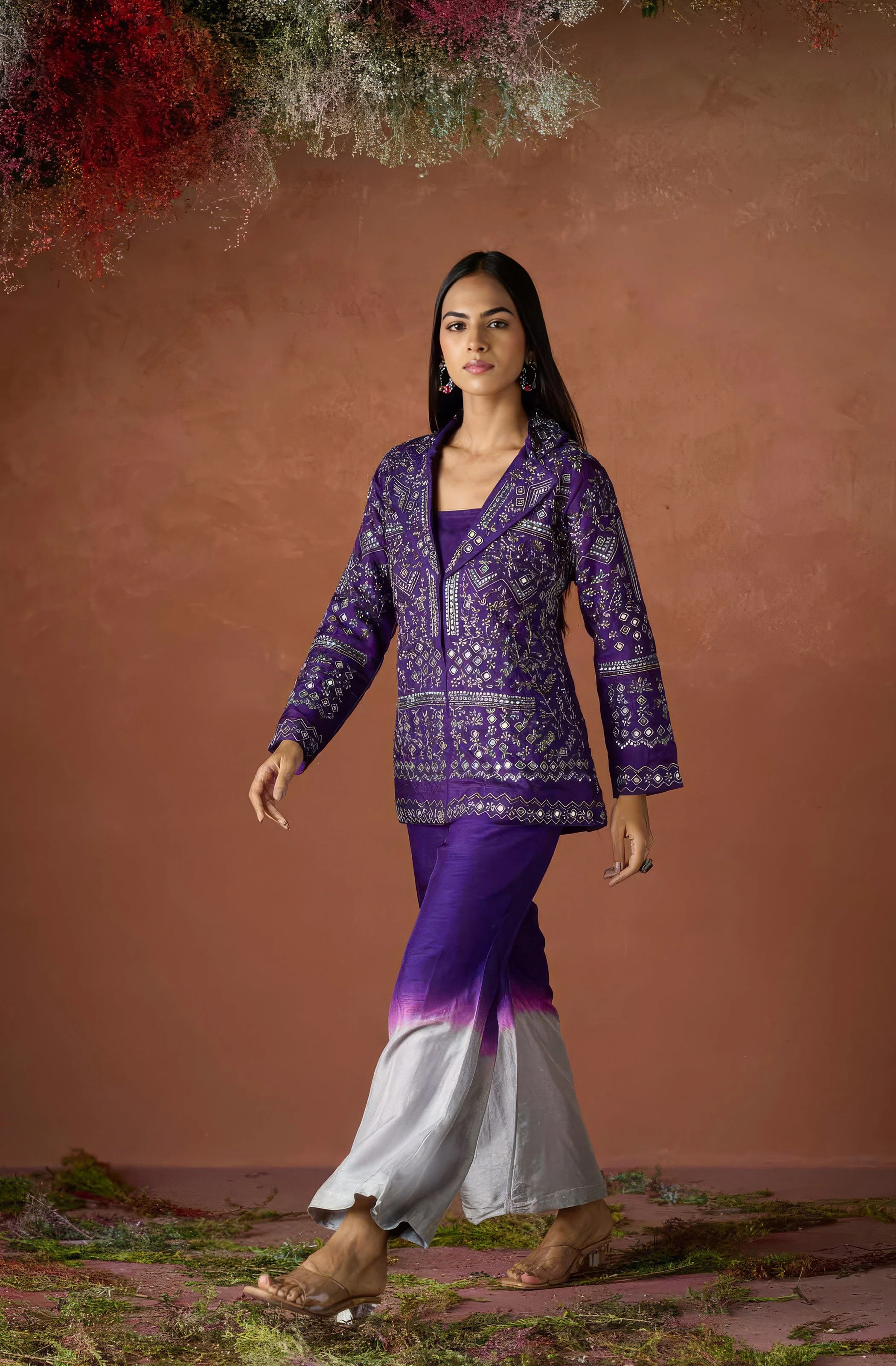 Dark Purple Embellished Raw Silk Co-Ord Set - Image 4
