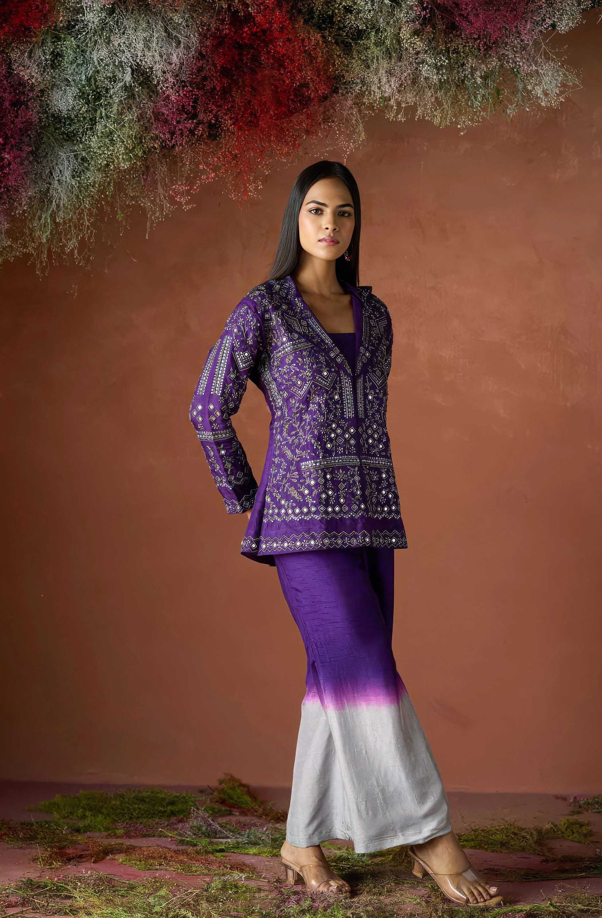 Dark Purple Embellished Raw Silk Co-Ord Set - Image 5