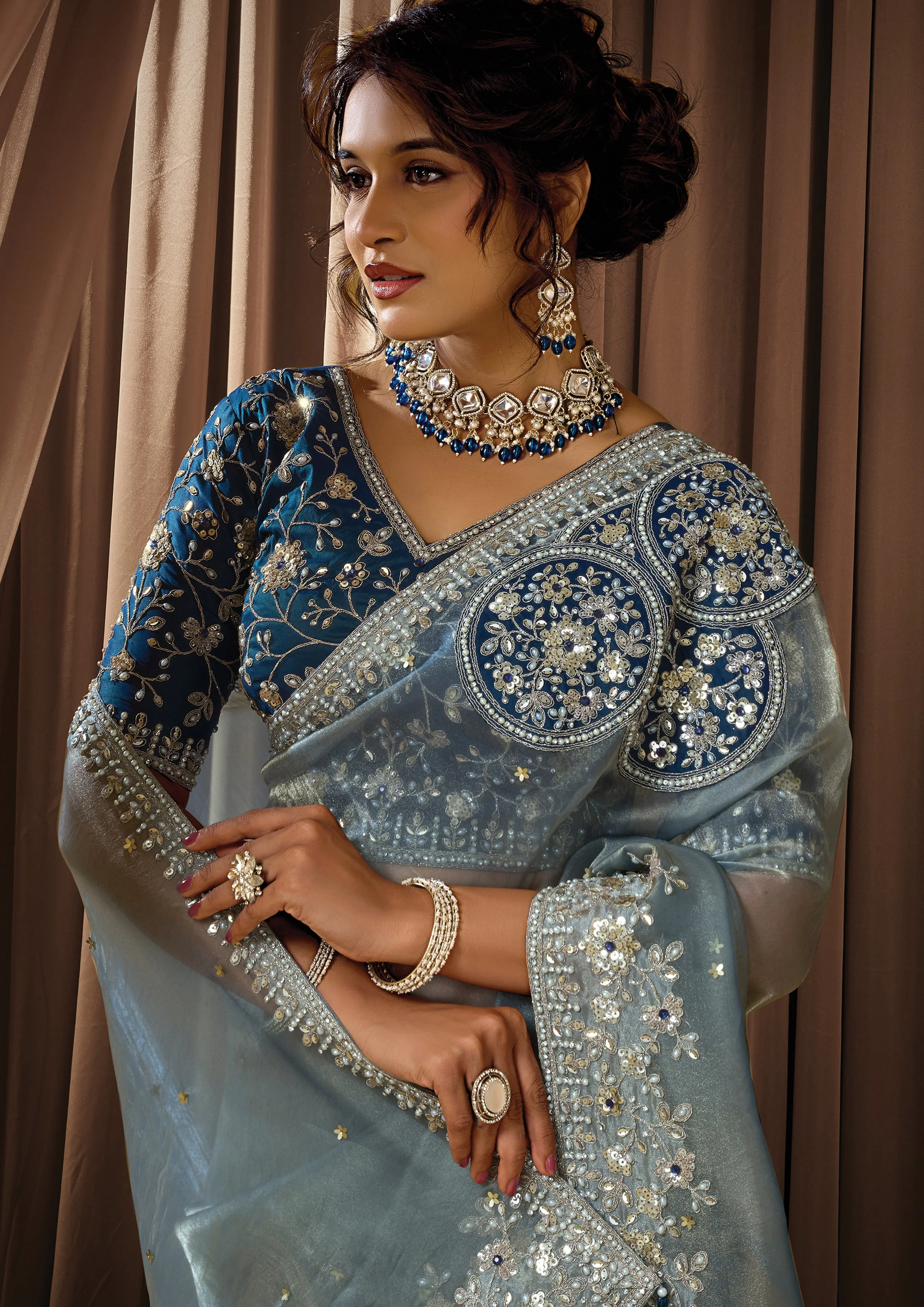 Ice Gray Embellished Zari Organza Silk Saree - Image 2