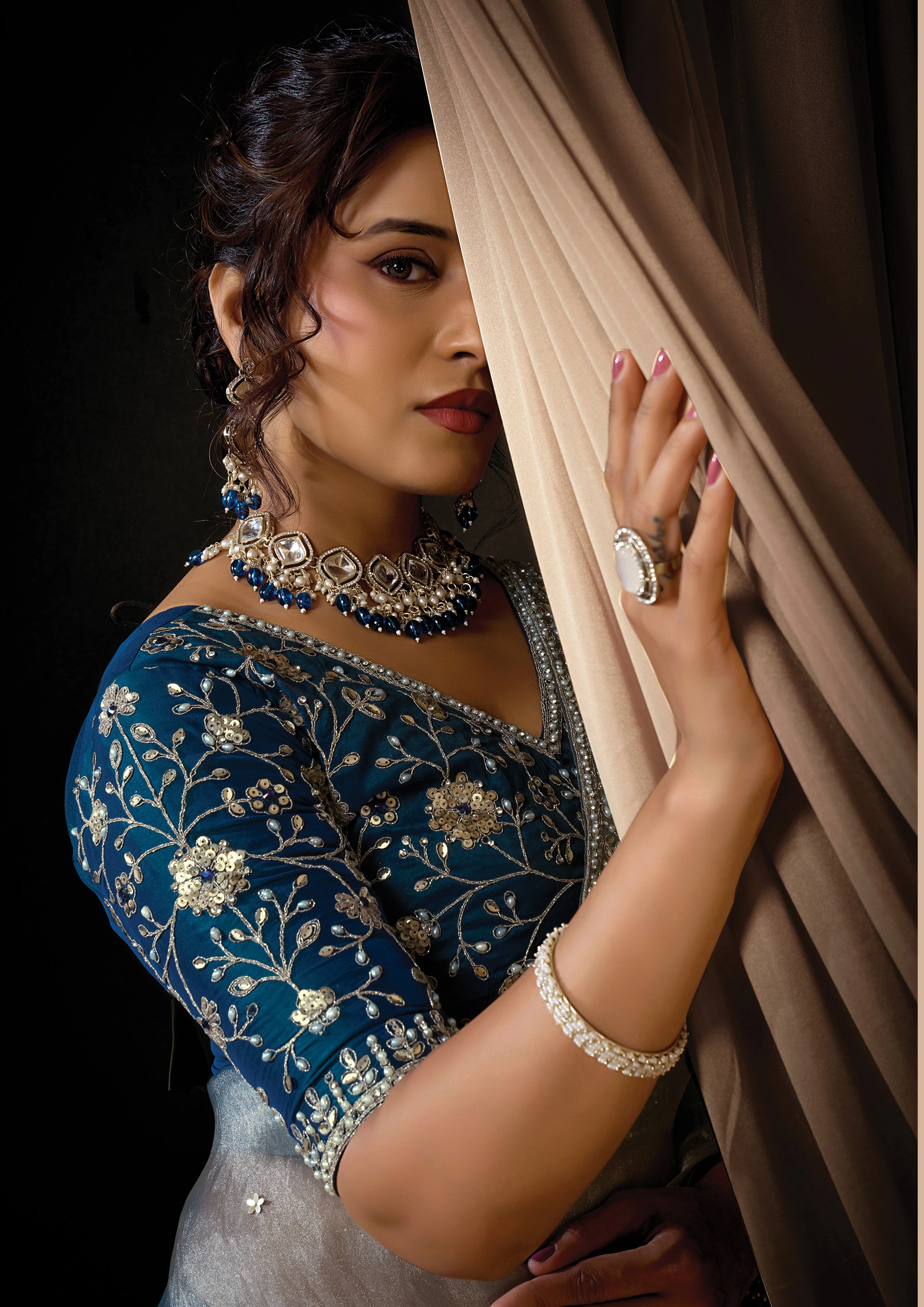 Ice Gray Embellished Zari Organza Silk Saree - Image 3