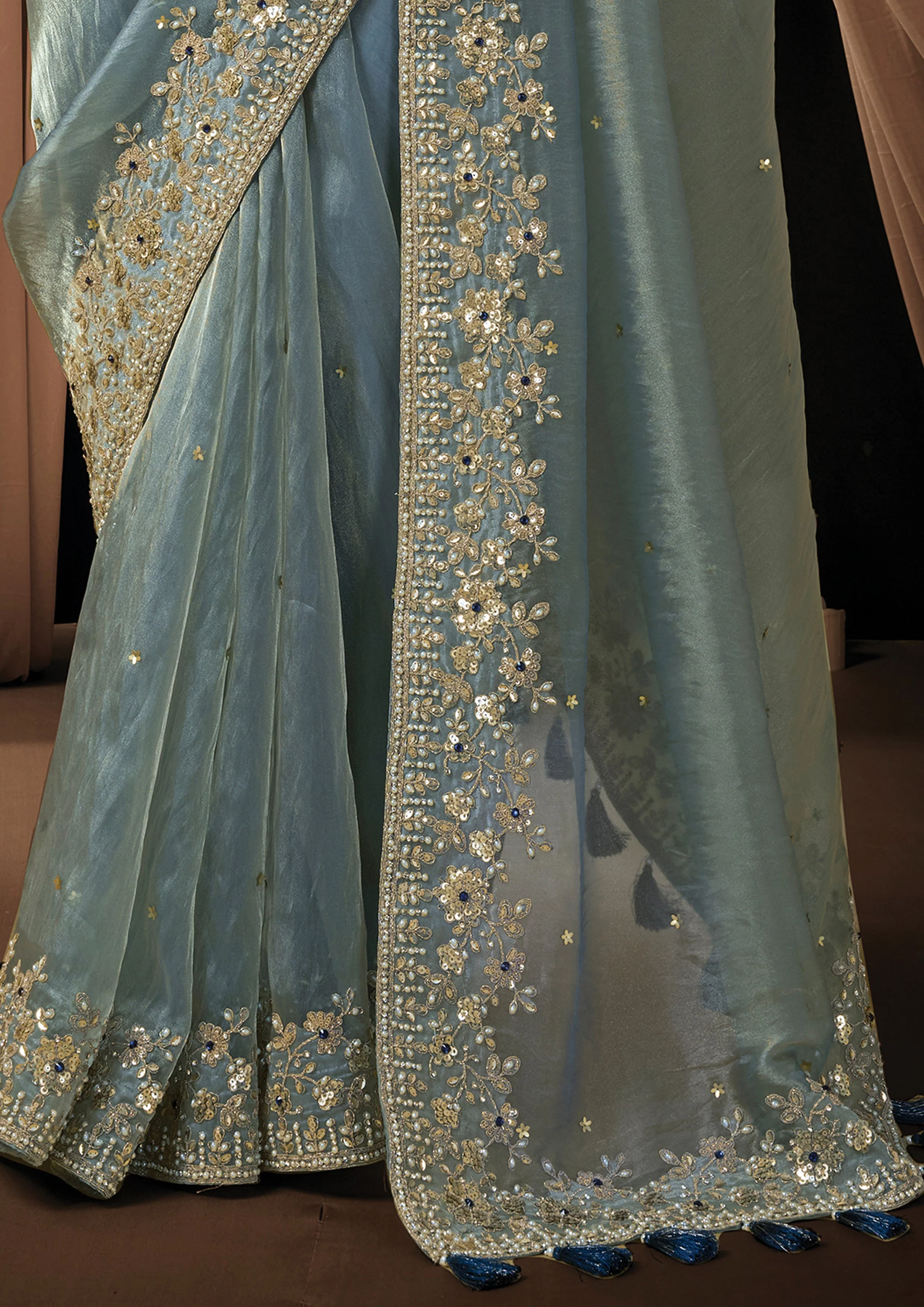 Ice Gray Embellished Zari Organza Silk Saree - Image 4