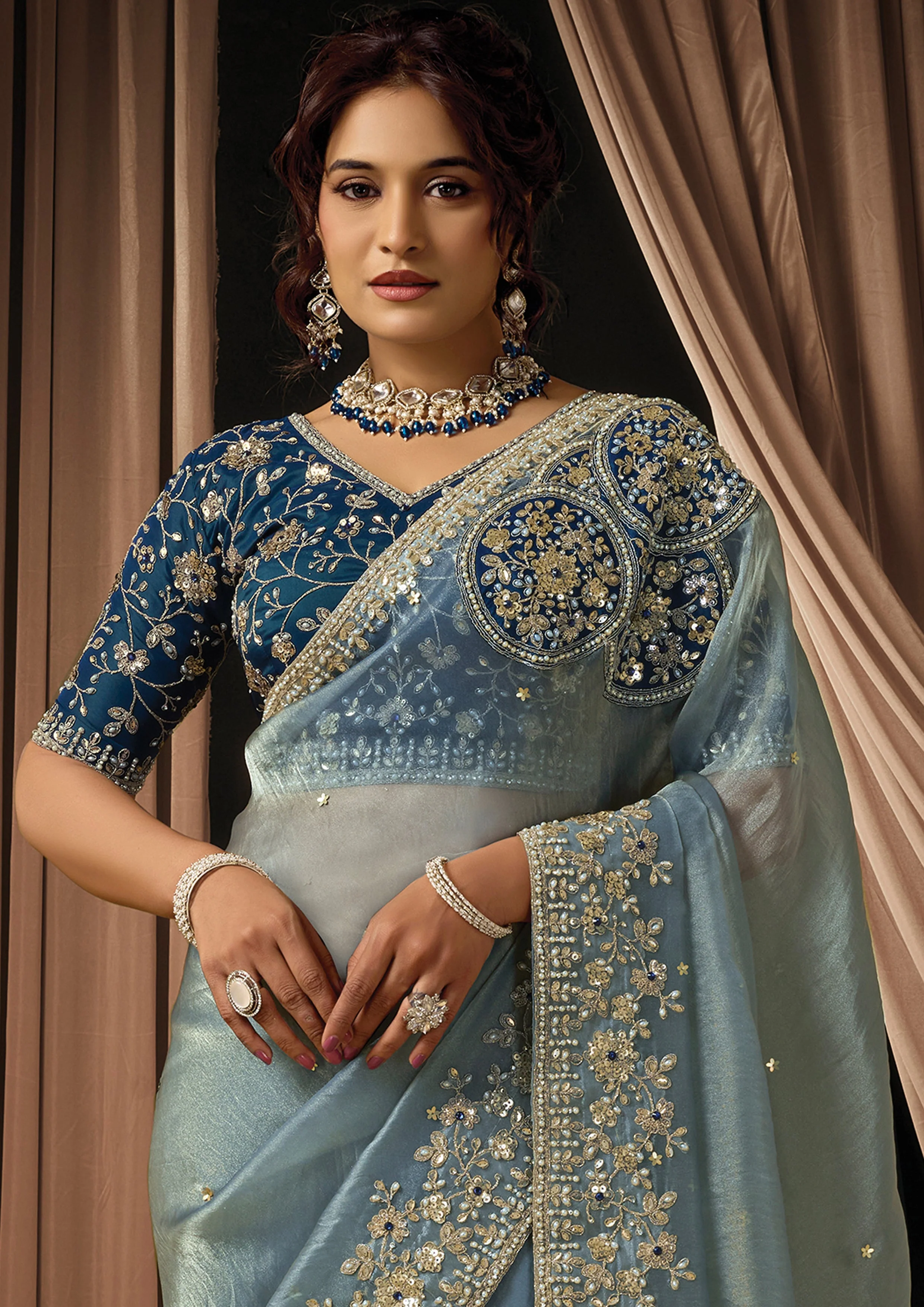 Ice Gray Embellished Zari Organza Silk Saree - Image 5