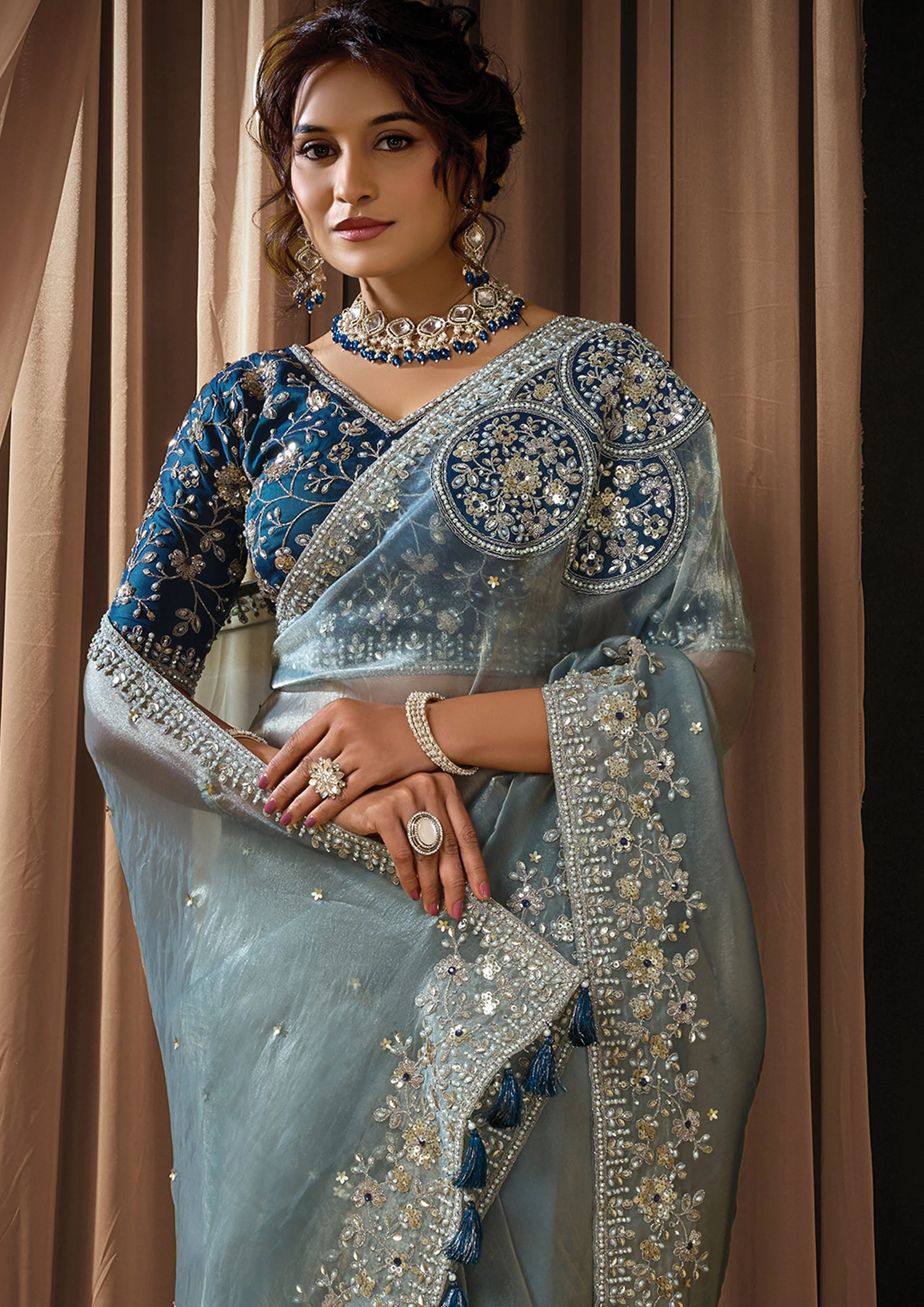 Ice Gray Embellished Zari Organza Silk Saree - Image 6