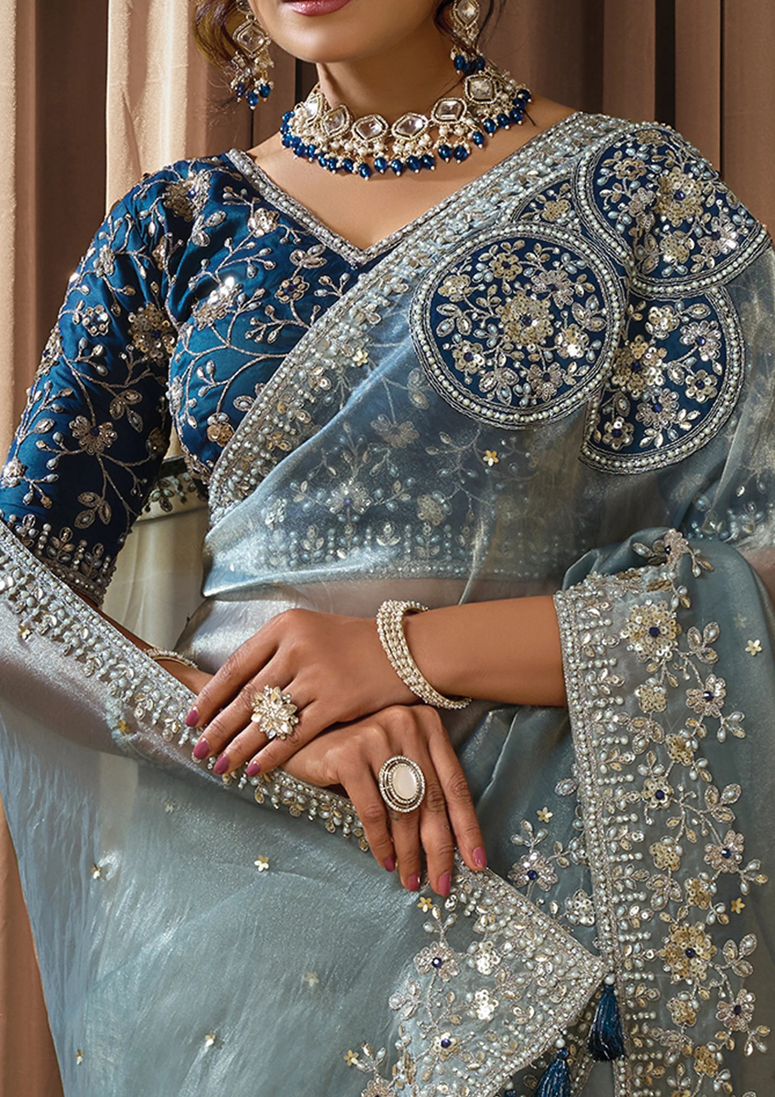 Ice Gray Embellished Zari Organza Silk Saree - Image 7
