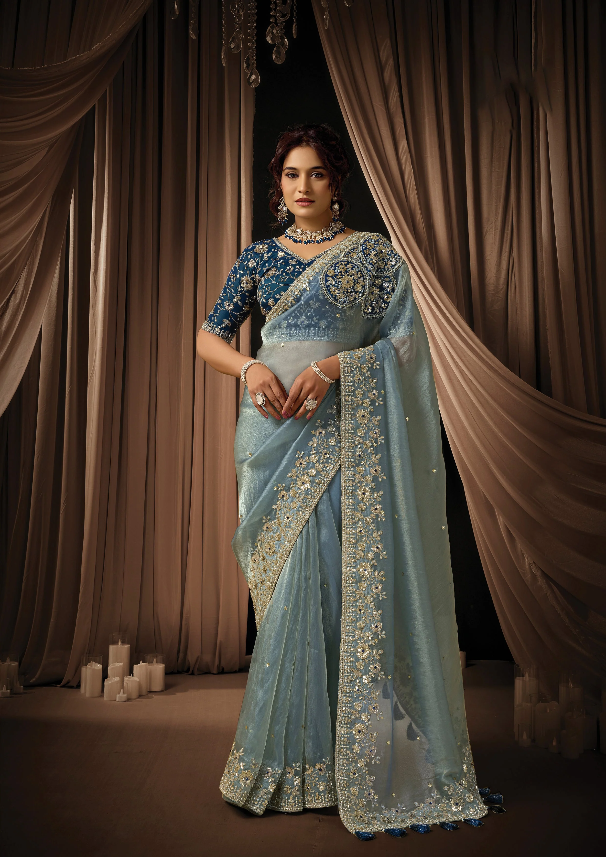 Ice Gray Embellished Zari Organza Silk Saree - Image 8